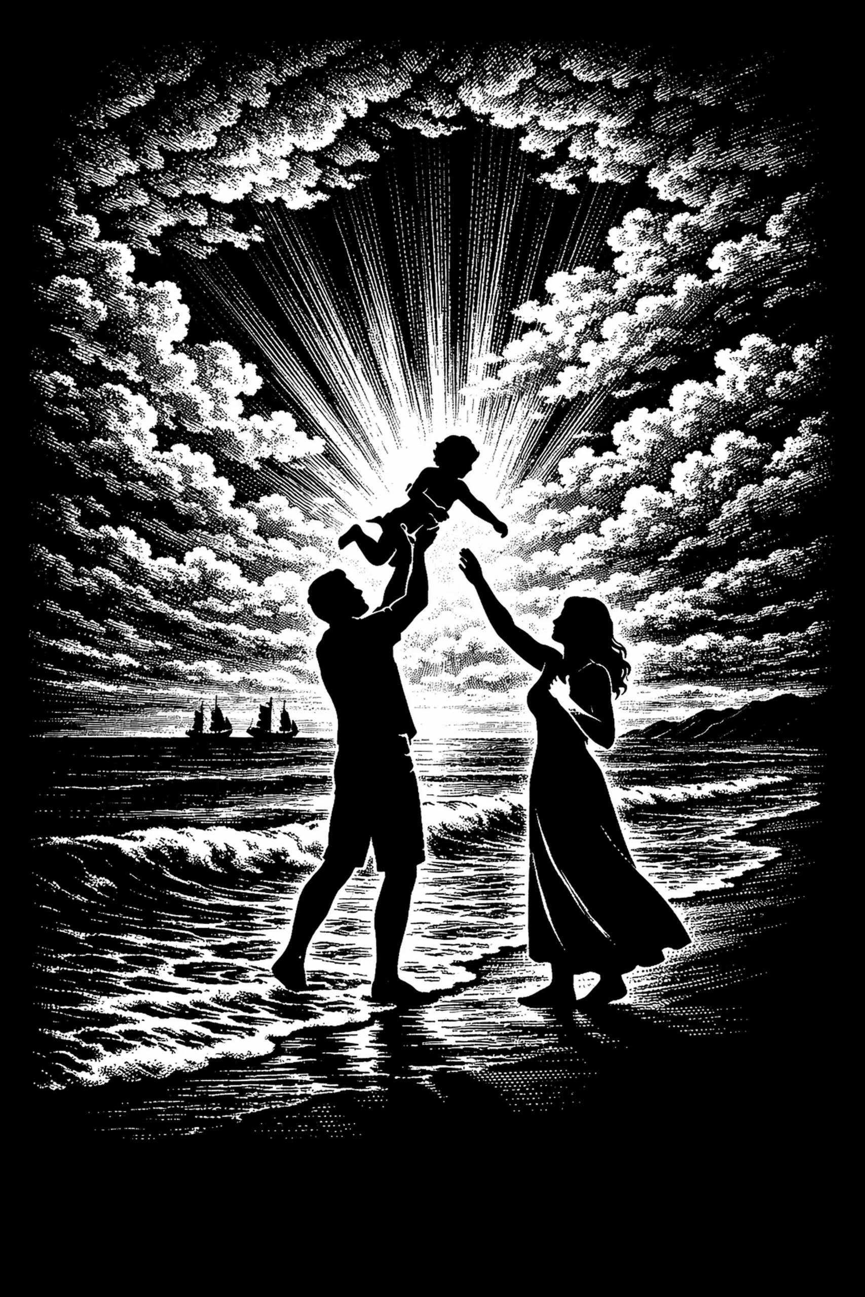 Black-and-white engraving-style scene of two adults on a shoreline lifting a child toward a bright horizon light, with reflected highlights on wet sand, three small ships on the left horizon, and a stippled oval cloud.