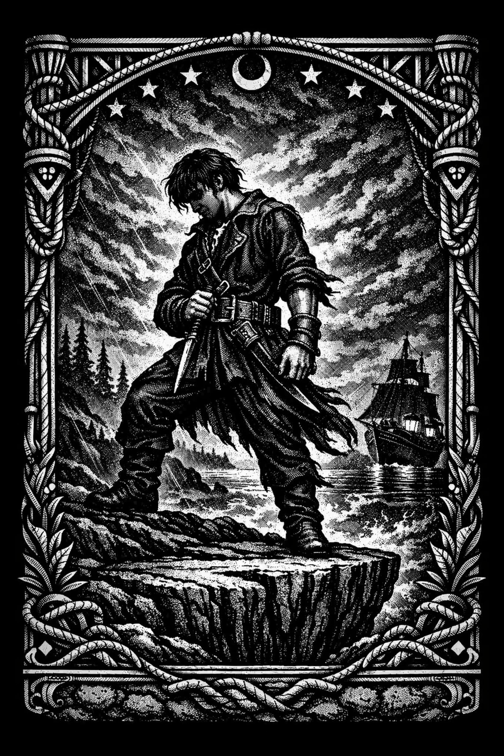 Black-and-white engraved illustration of a solitary, backlit figure standing on a rocky shelf holding a dagger, with a sailing ship on the horizon, conifer silhouettes to the left, foaming surf below, and a crescent.