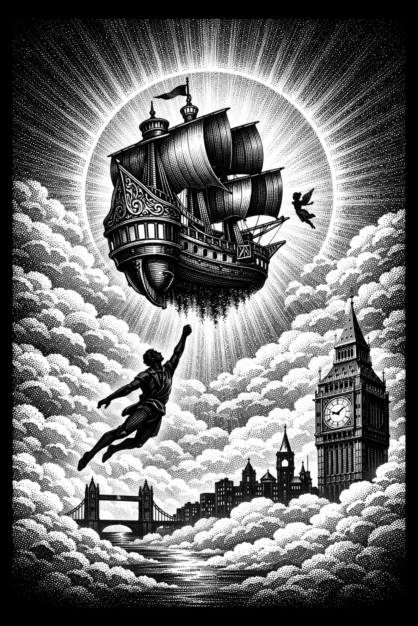 Black-and-white engraved-style scene of a large three-masted galleon suspended before a circular radiant halo above layered clouds, a solitary flying man reaching upward below the ship, a small winged figure to the.