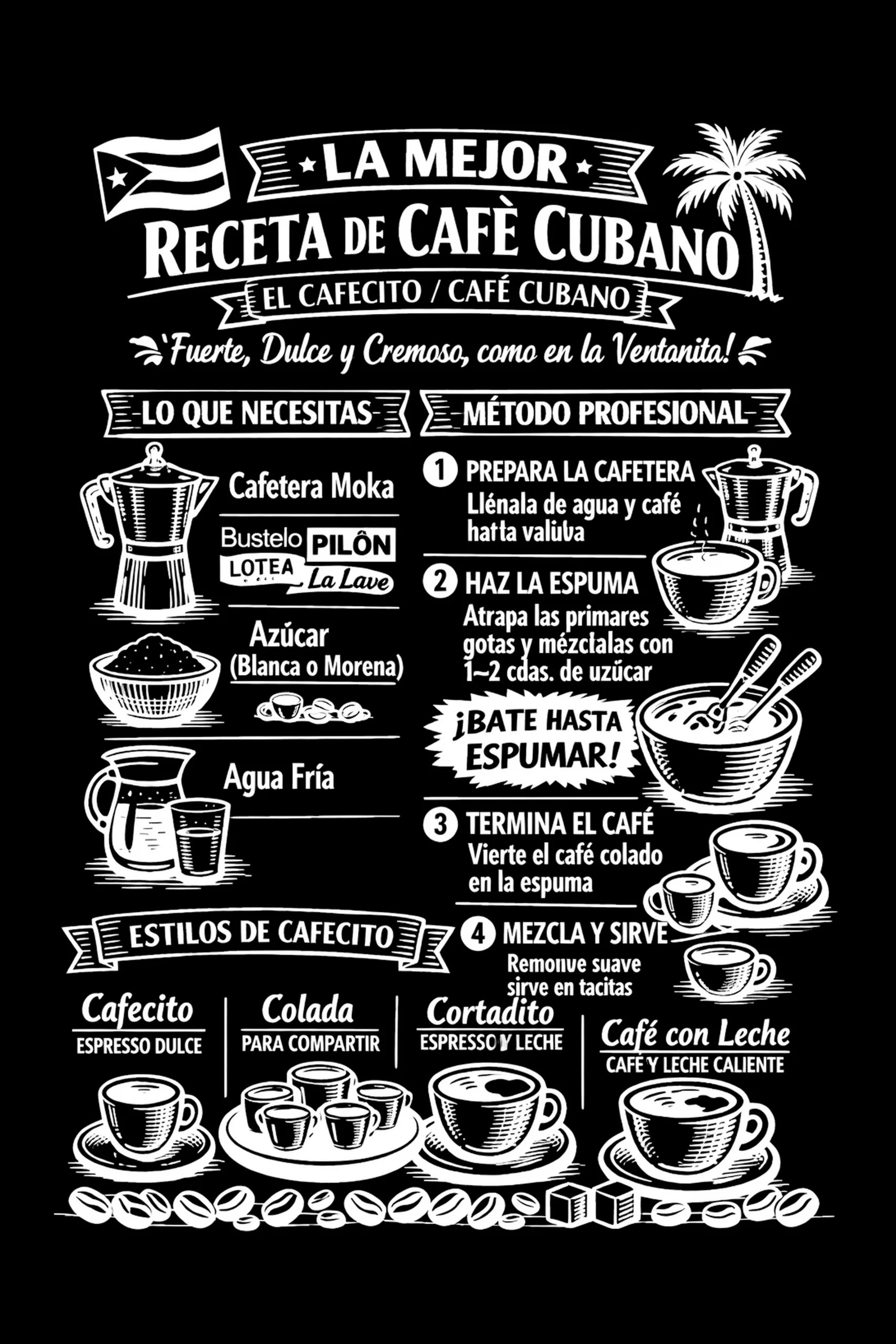 Vertical black poster with white hand-drawn graphics and text showing a Cuban coffee recipe: title banners, left column of needed items (Moka pot with Bustelo and PILÓN badges, bowl of sugar, pitcher and glass), right.