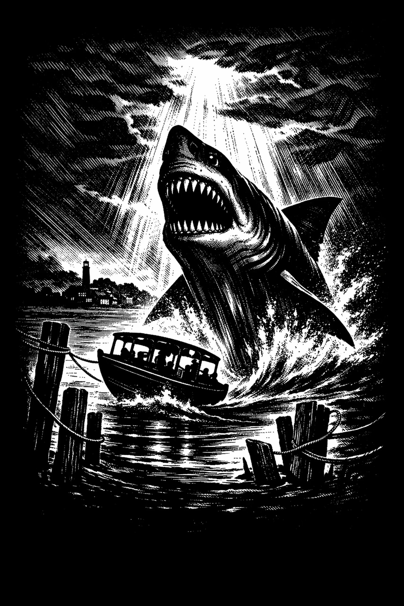 Black-and-white woodcut-style scene showing a large shark breaching center-right with mouth open, a small passenger boat tilted on the crest left of center with silhouetted figures, wooden dock pilings and ropes in the.