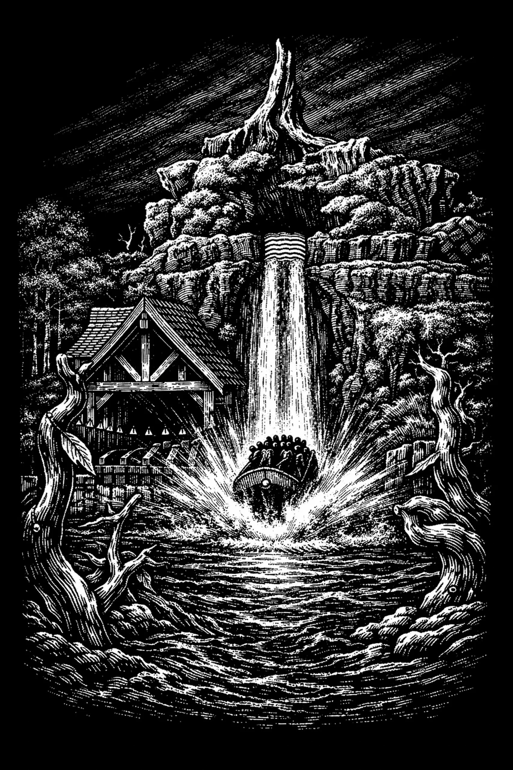 High-contrast engraved scene of a vertical waterfall pouring into a rippled pool; a small silhouetted boat with clustered passenger heads is struck by a large radial splash at the base, flanked by twisted tree trunks.