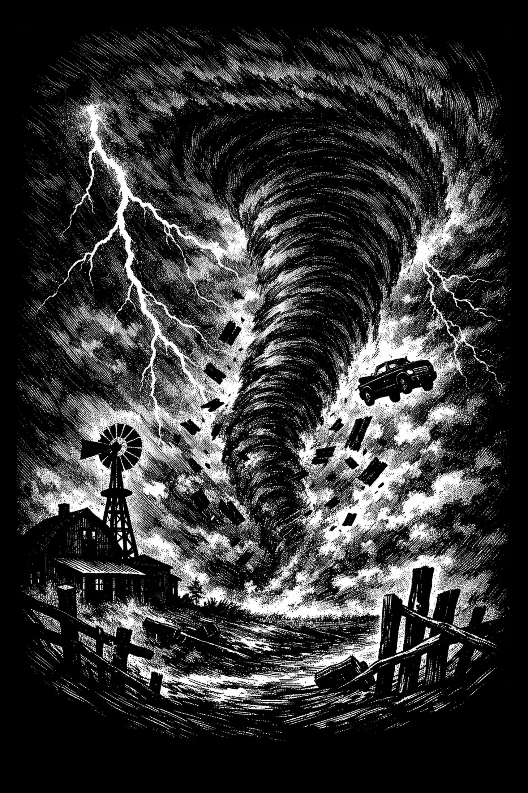 Black-and-white stippled and hatched illustration of a large tornado centered in the frame, lightning bolts on either side, a farmhouse and windmill to the left, an airborne pickup truck to the right, broken fences and.