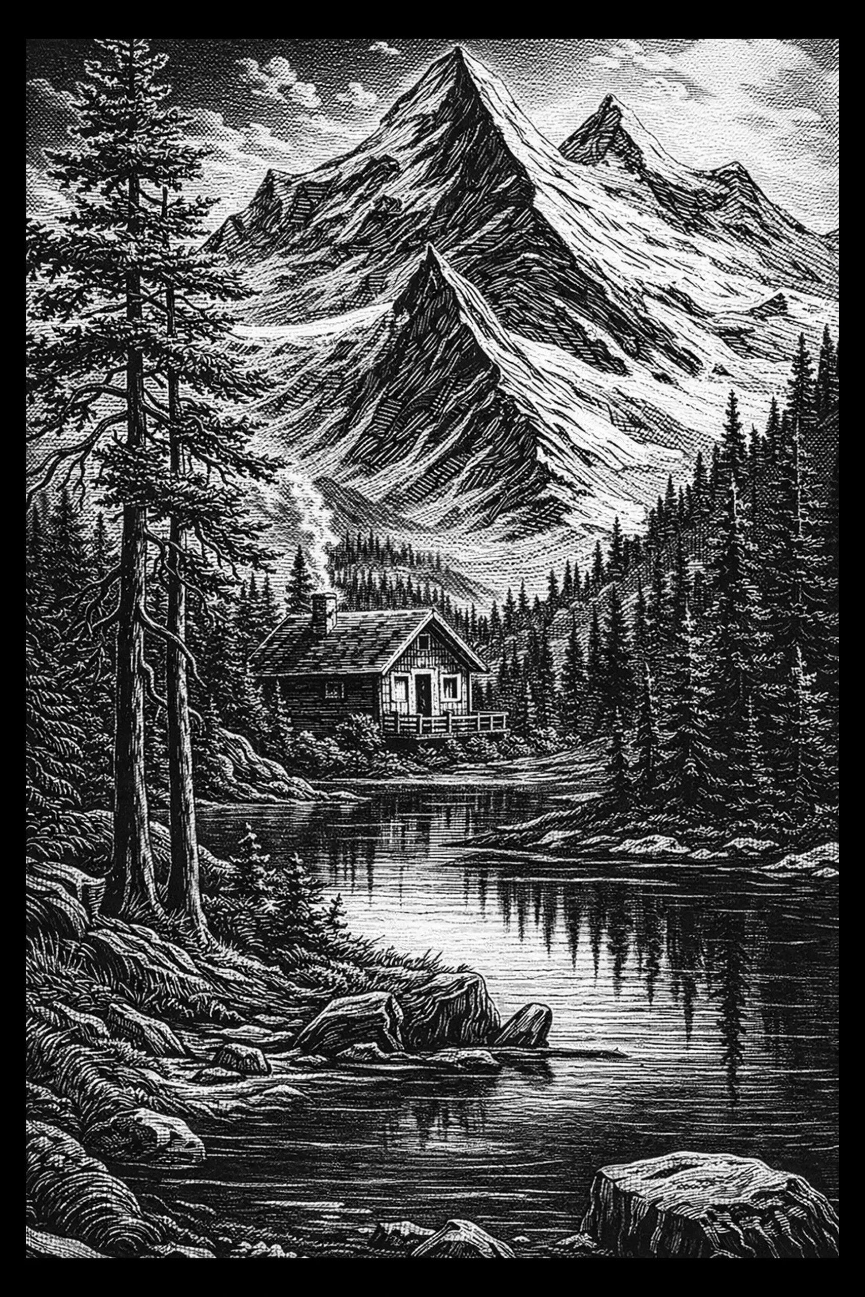 Black-and-white engraved scene of three triangular mountain peaks above a timber cabin on a rocky shore, a vertical plume of smoke rising from the chimney, dense conifers to the right, and a reflective lake with.