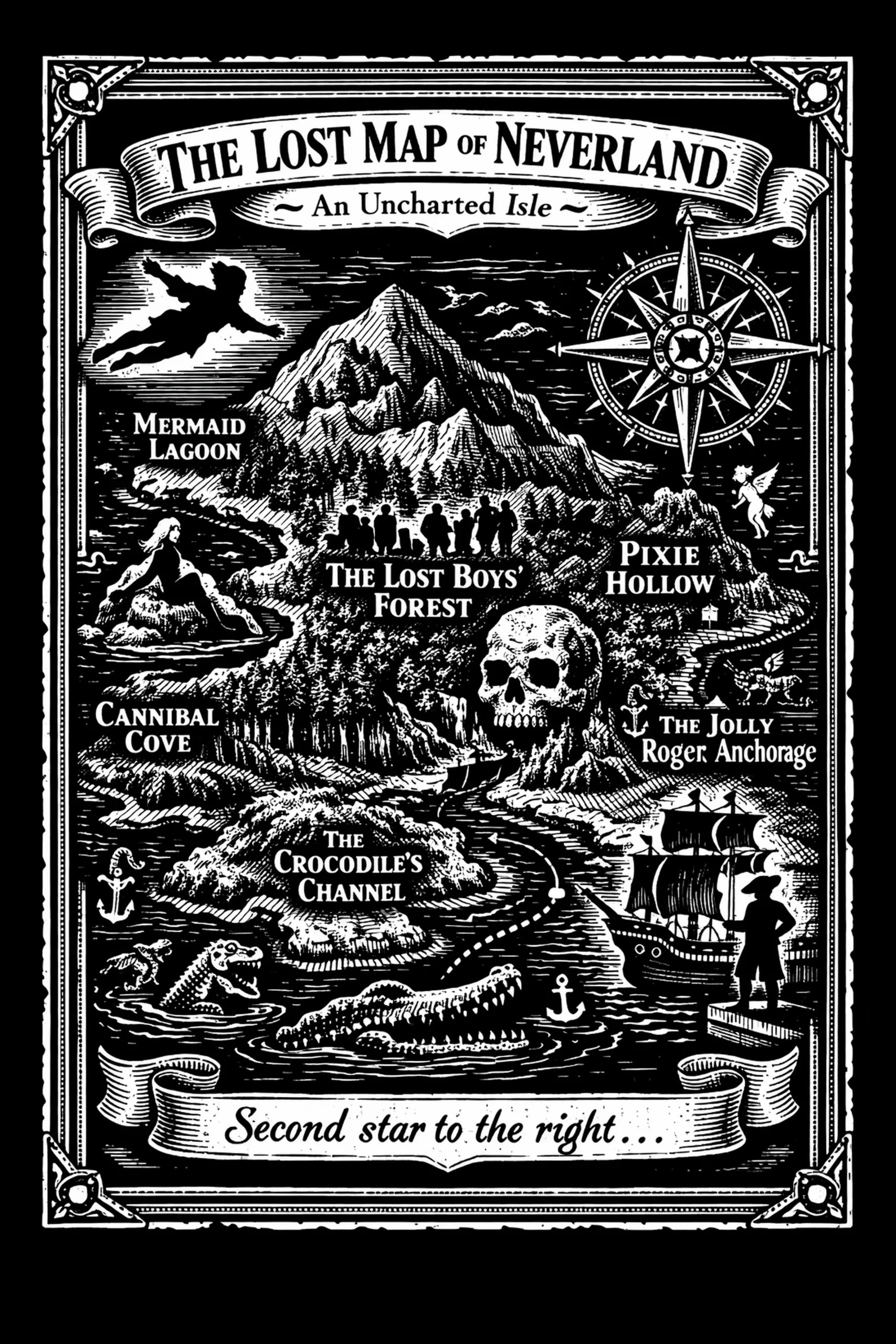 High-contrast engraved-style vertical map titled 'THE LOST MAP OF NEVERLAND' showing a skull-shaped rock island, a mountain with figures, Mermaid Lagoon at left, a large compass rose at upper right, a three-masted ship.