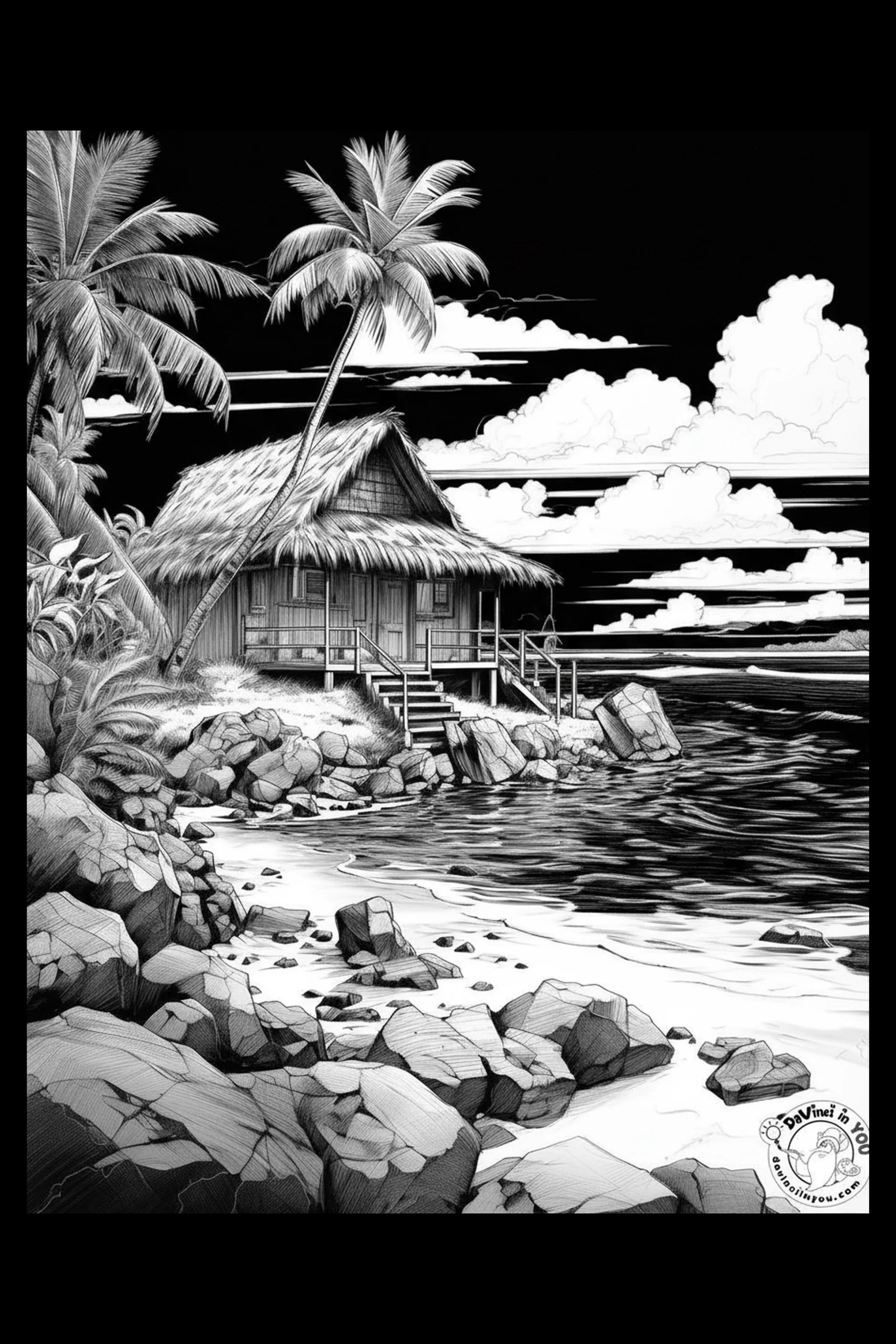 Black-and-white ink drawing of a stilted thatched hut left of center with a tall leaning palm arching over it, rocky foreground and hatched sea and cloud bands to the right; lower-right circular stamp overlaps black.