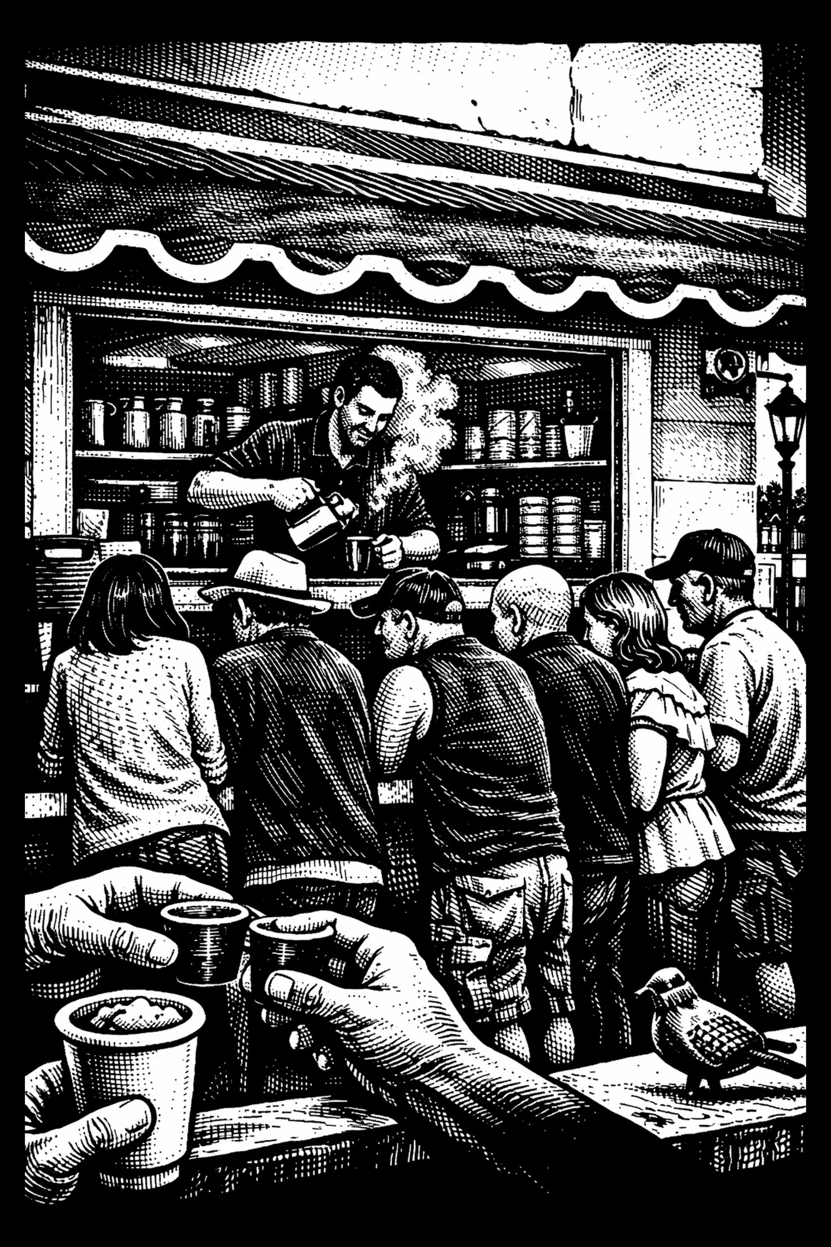 Black-and-white vertical engraving-style illustration of a street service window with a server pouring coffee, six customers at the counter, three foreground hands holding cups, and a pigeon on the front-right ledge.