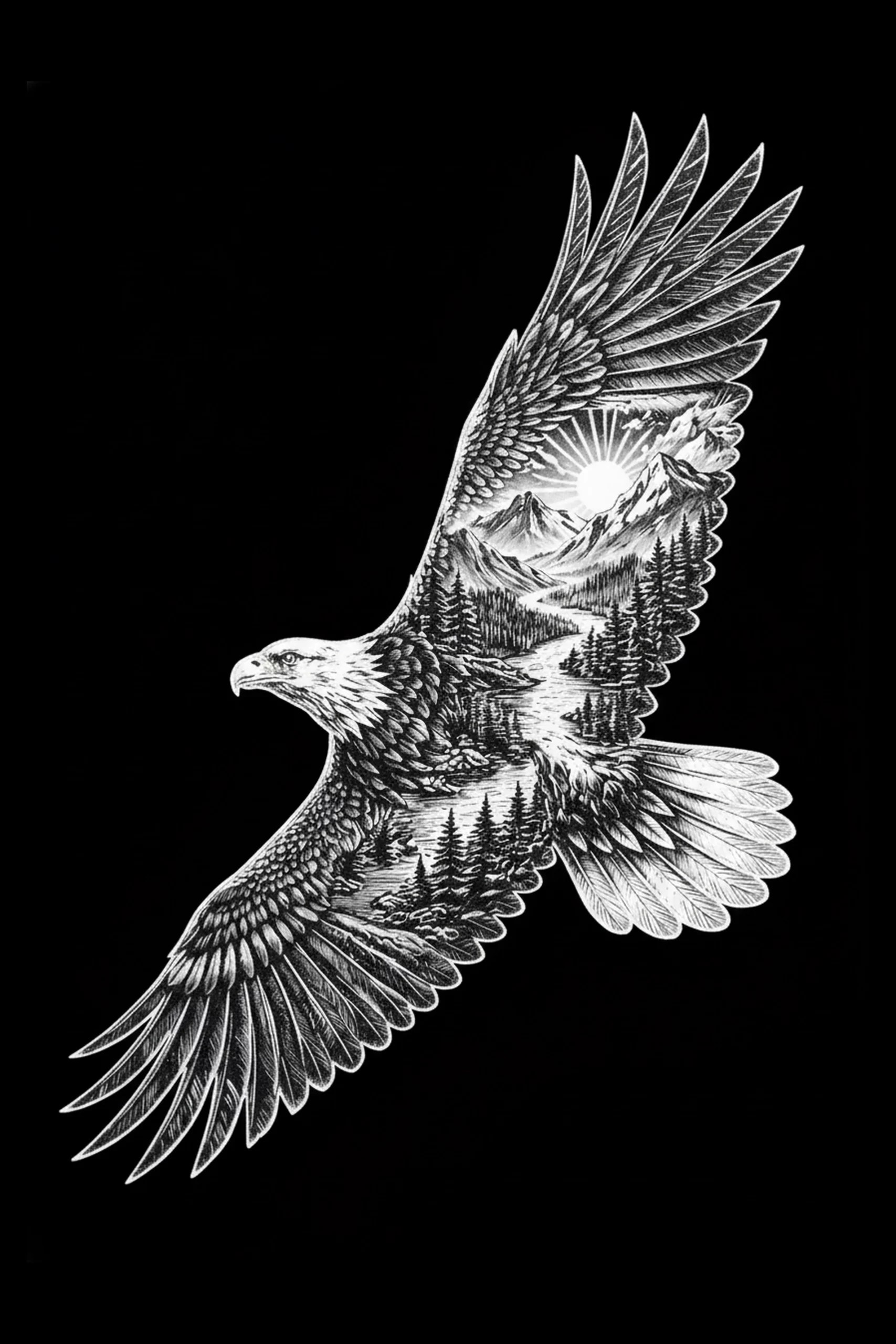 High-contrast white line engraving of a soaring eagle on a black background; the eagle's torso and right wing contain a landscape with sun, mountains, pine trees, and a winding river.