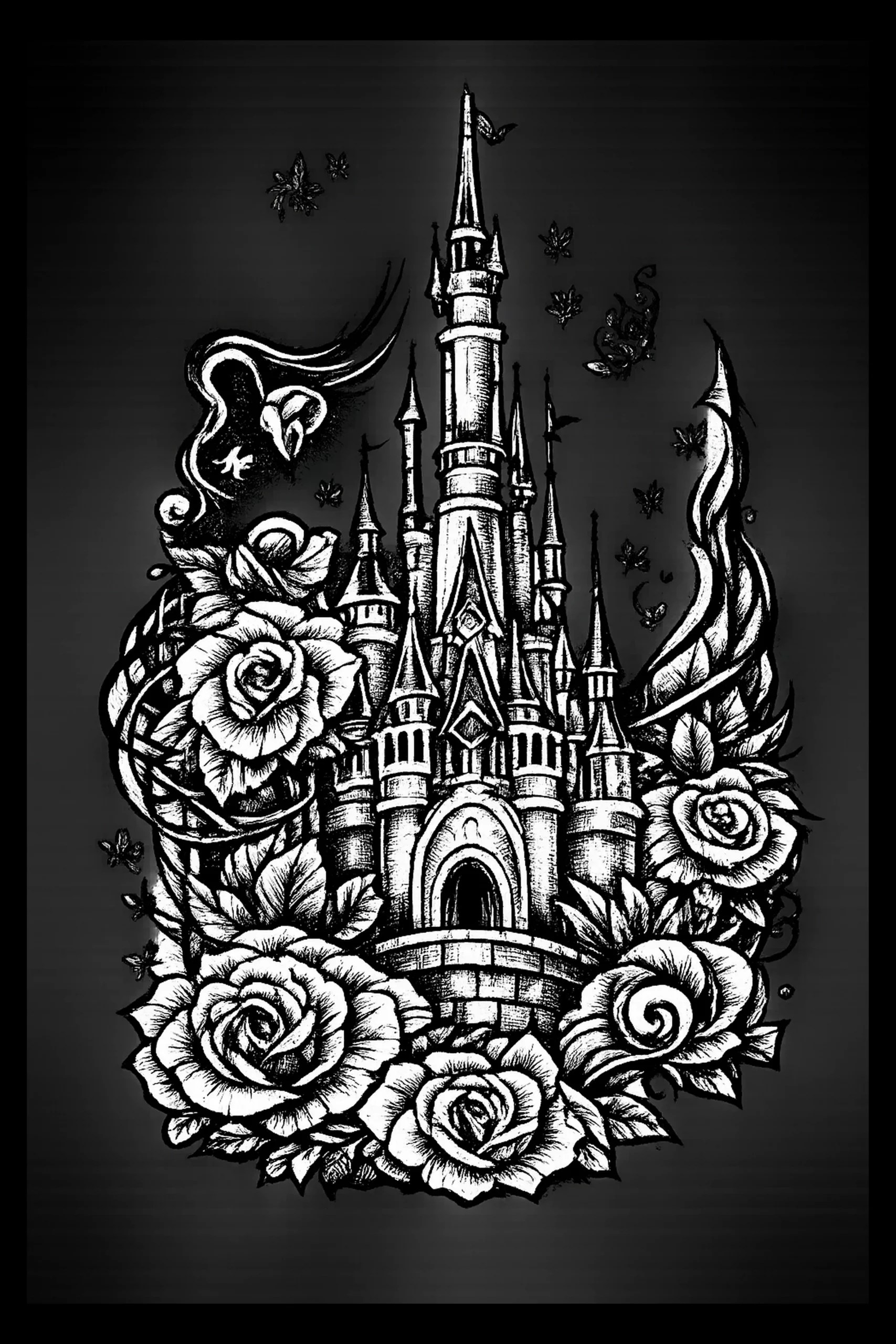 Monochrome vertical illustration of a multi-turreted castle with a tall central spire rising from a dense band of roses and leaves, framed by decorative wing-like flourishes against a dark vignette.