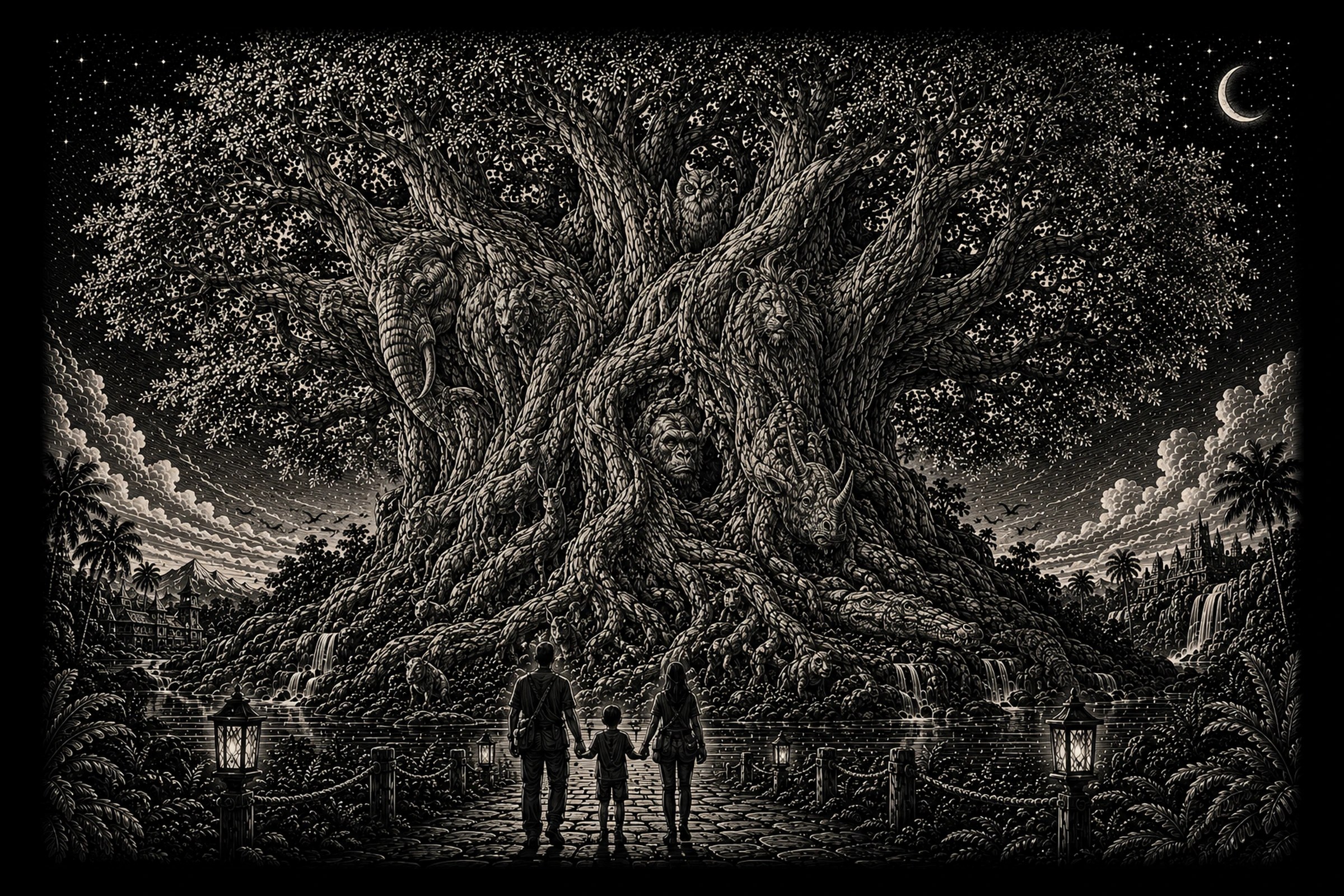 Monochrome engraving of a colossal braided tree at night with animal faces in its trunks; a silhouetted family stands at the water's edge beneath lantern light and a crescent moon.