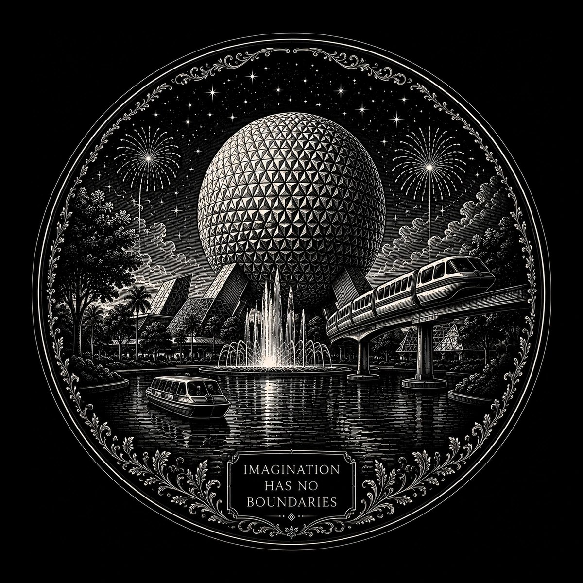Engraved night scene of a geodesic sphere over a fountain and reflecting pool with a monorail, fireworks, and cartouche reading 'IMAGINATION HAS NO BOUNDARIES.'
