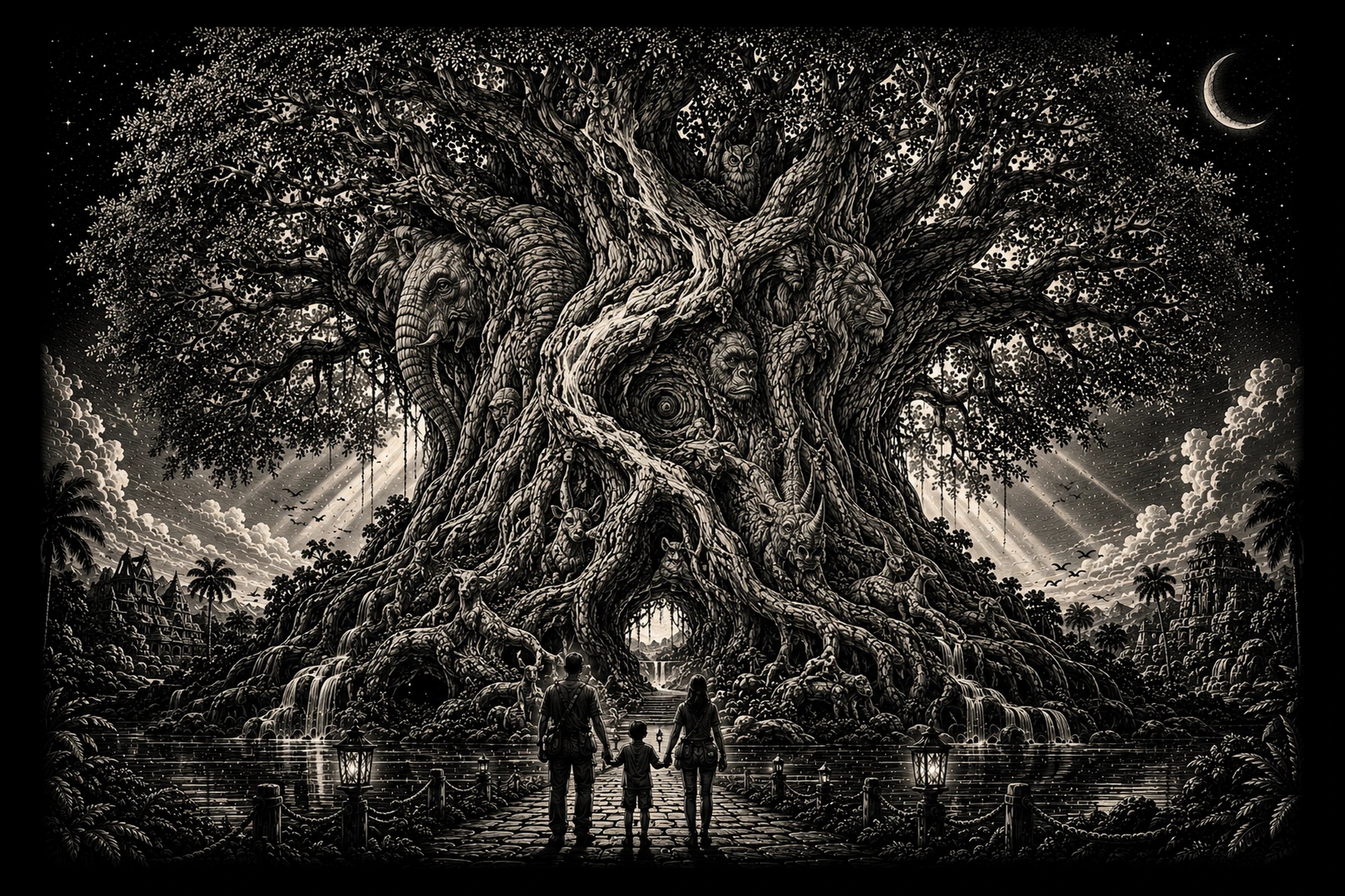 Silhouetted family on a lantern-lit walkway facing a colossal braided tree whose trunks and roots form animal faces and a central portal with waterfalls beyond.