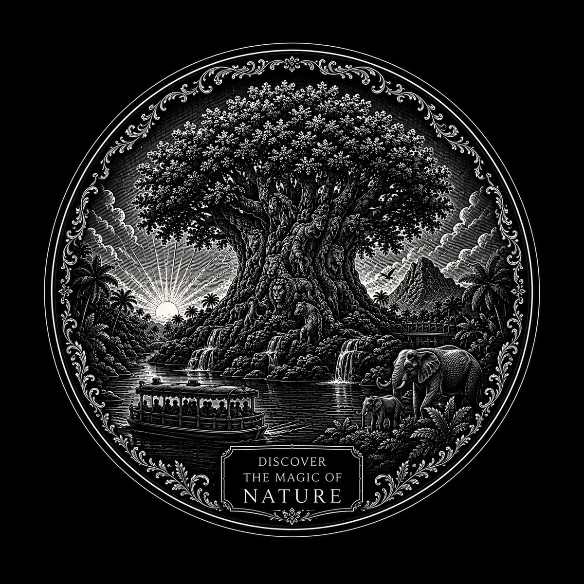 Circular black-and-white engraving of a massive tree with carved faces, waterfalls into a river with a covered boat, and elephants at the shore; decorative border and cartouche reading 'DISCOVER THE MAGIC OF NATURE'.
