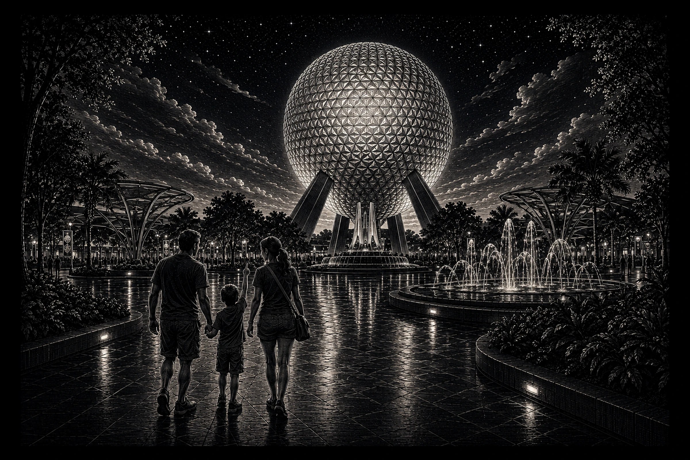 Three people in silhouette walk across a wet plaza toward a large illuminated geodesic sphere with fountains and reflected lights at night.