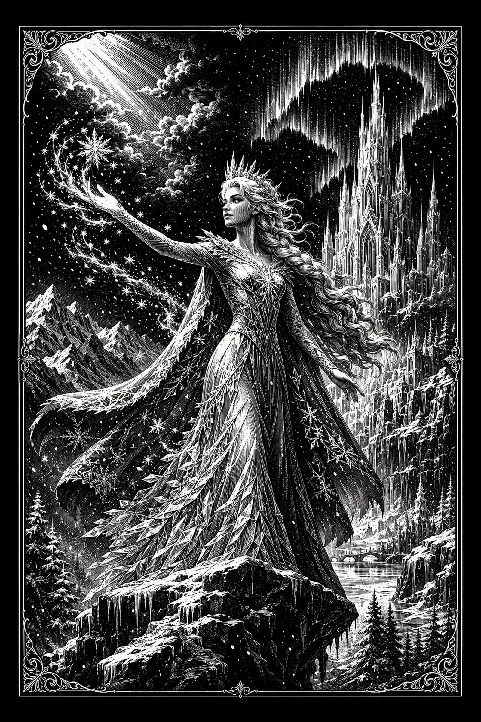 Black-and-white illustration of an ice queen standing on a snowy rock, arm extended conjuring a large snowflake; crystalline gown, braided hair, and a towering ice castle in the background.