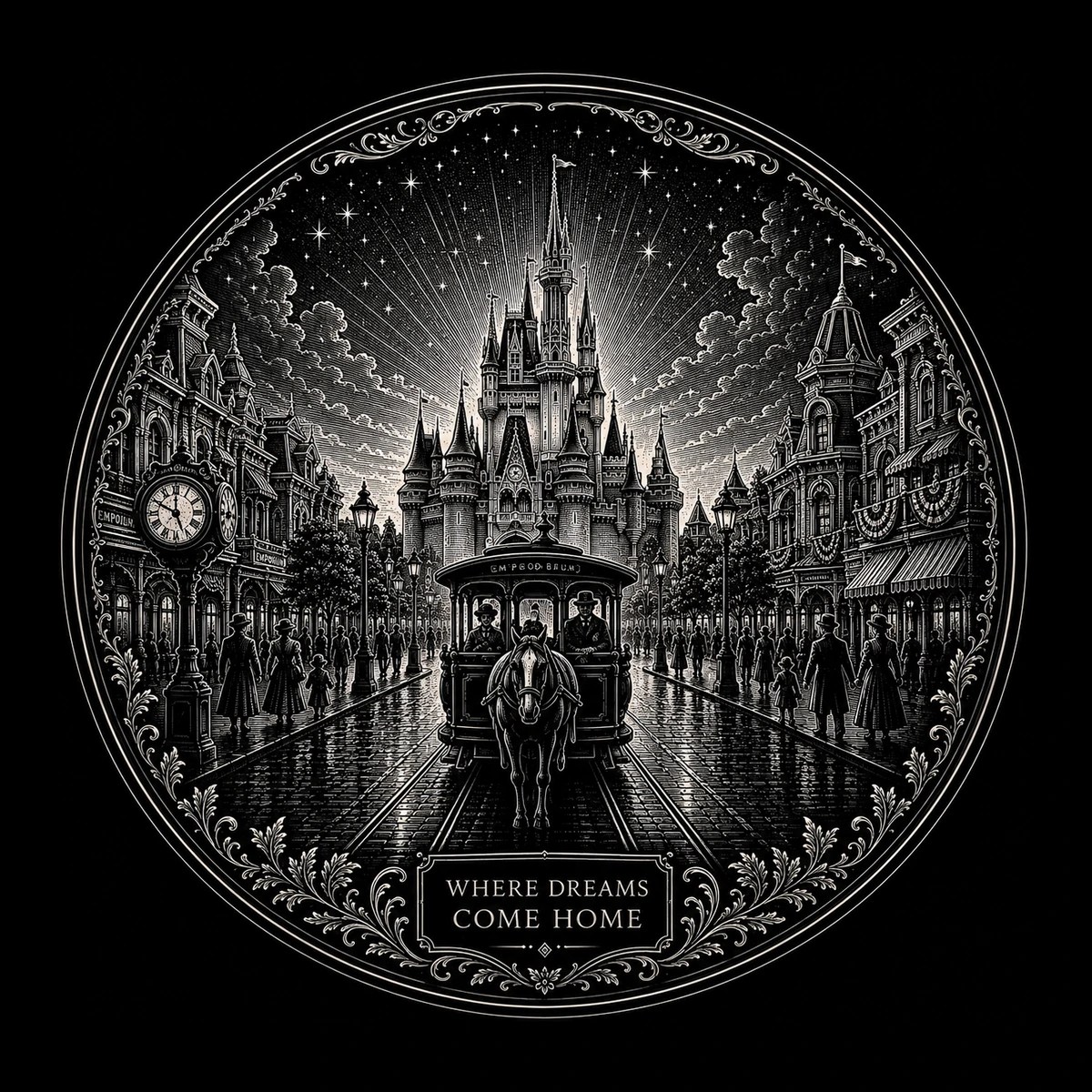 Round black-and-white engraved scene: horse-drawn trolley on tracks toward a large spired castle, wet cobblestone street, storefronts, street clock, starry radiating sky, and plaque reading 'WHERE DREAMS COME HOME'.