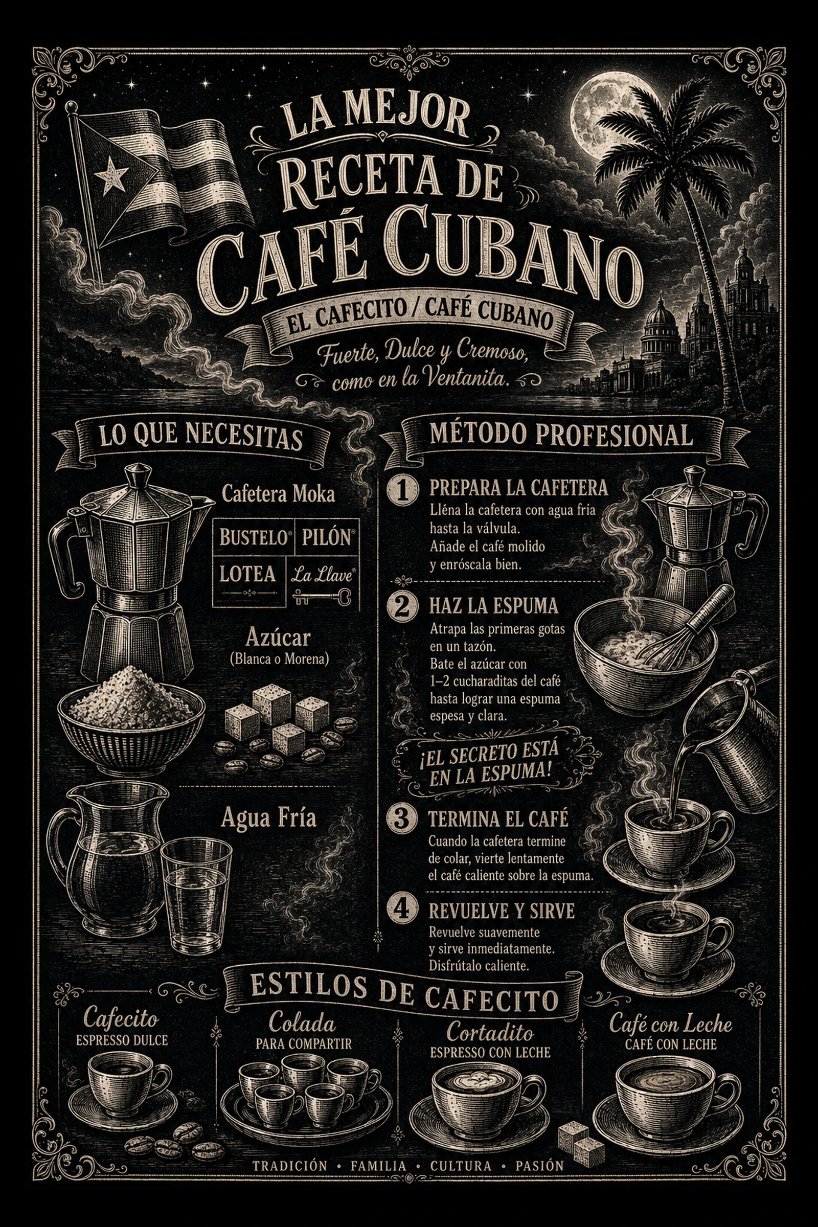 Vertical vintage chalkboard-style poster titled 'La Mejor Receta de Café Cubano' with Cuban flag, moonlit skyline, illustrations of moka pot, sugar, water and step-by-step espuma coffee instructions in Spanish.