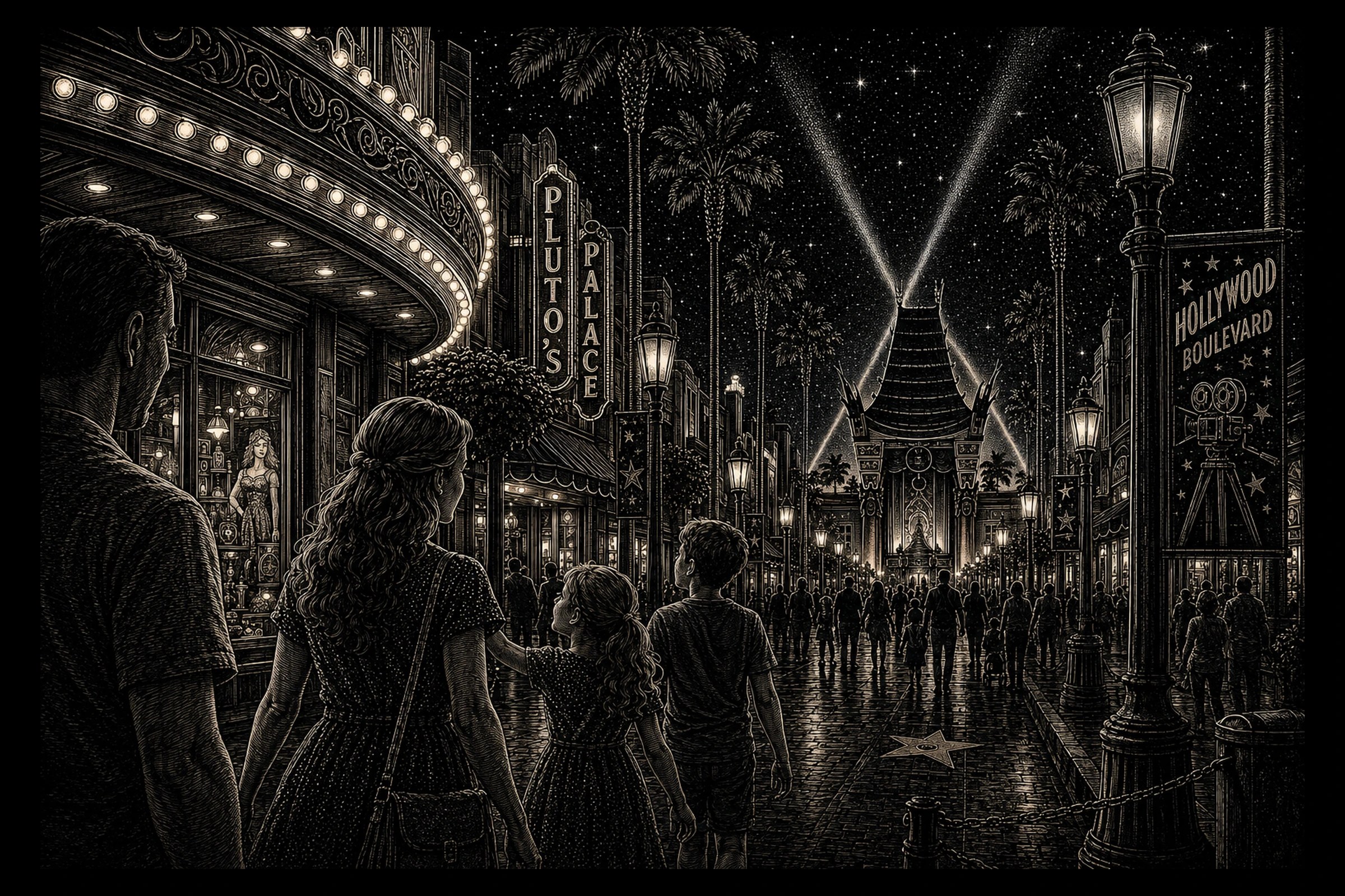 Family walking down Hollywood Boulevard at night toward an illuminated Chinese-style theatre with marquee lights, palm trees, and crossing searchlights.
