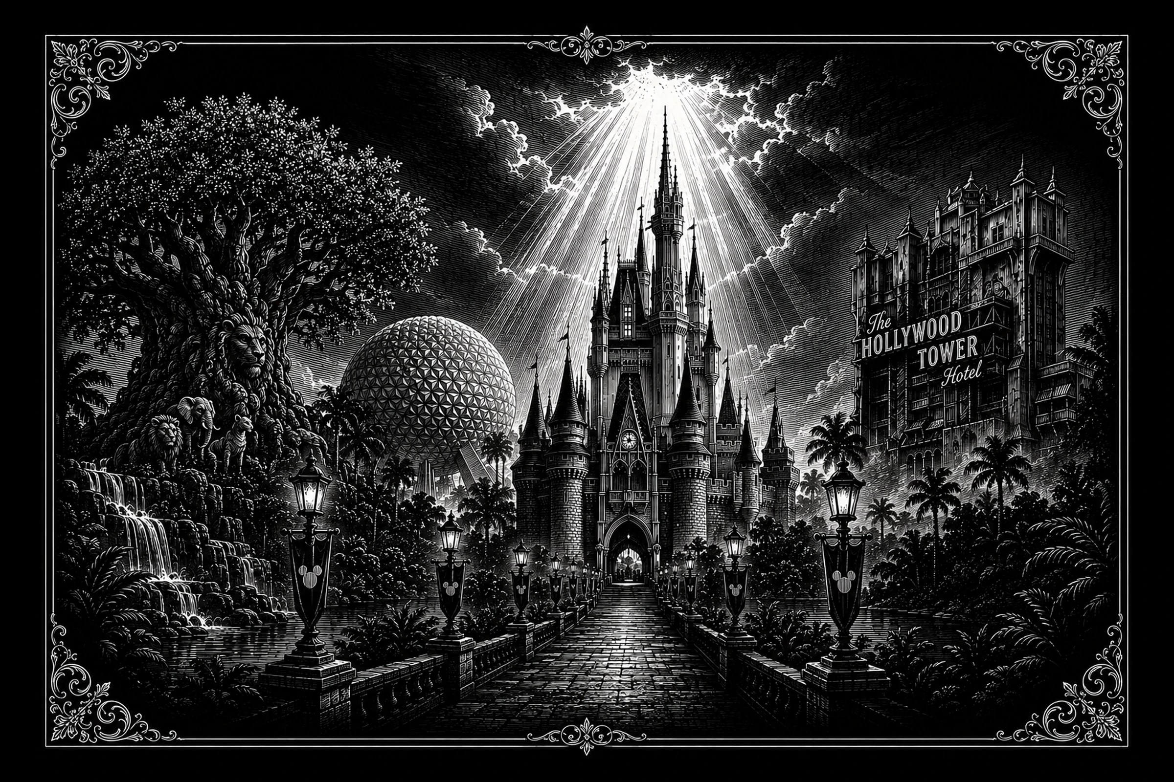 Black-and-white engraved panorama of a lamp-lined causeway leading to a central fairy-tale castle, flanked by a giant sculpted tree with animals, a geodesic sphere, and a tall hotel tower labeled 'The HOLLYWOOD TOWER.