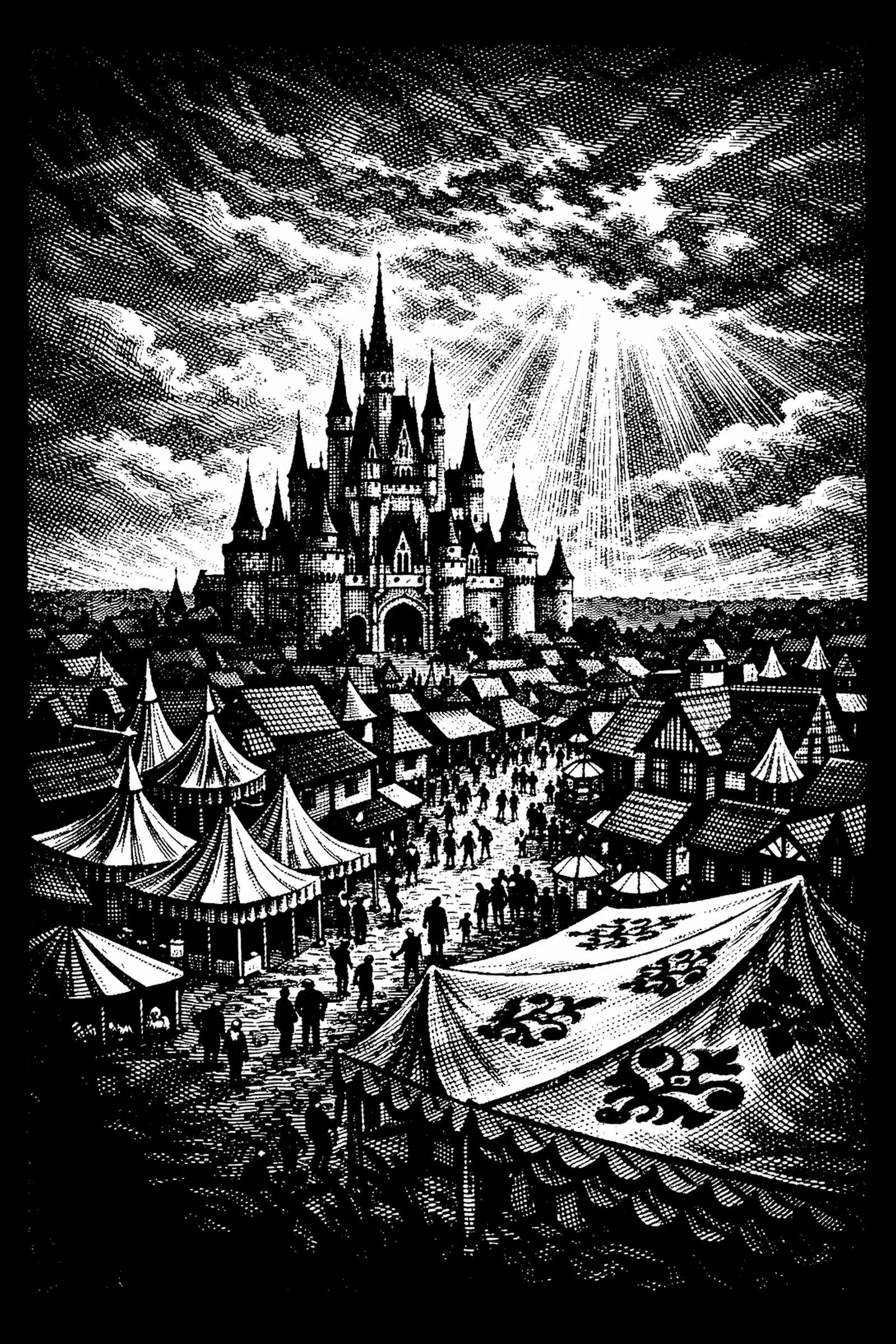 Black-and-white engraving of a crowded medieval market street with tents leading to a large multi-spired castle under sunbeams.