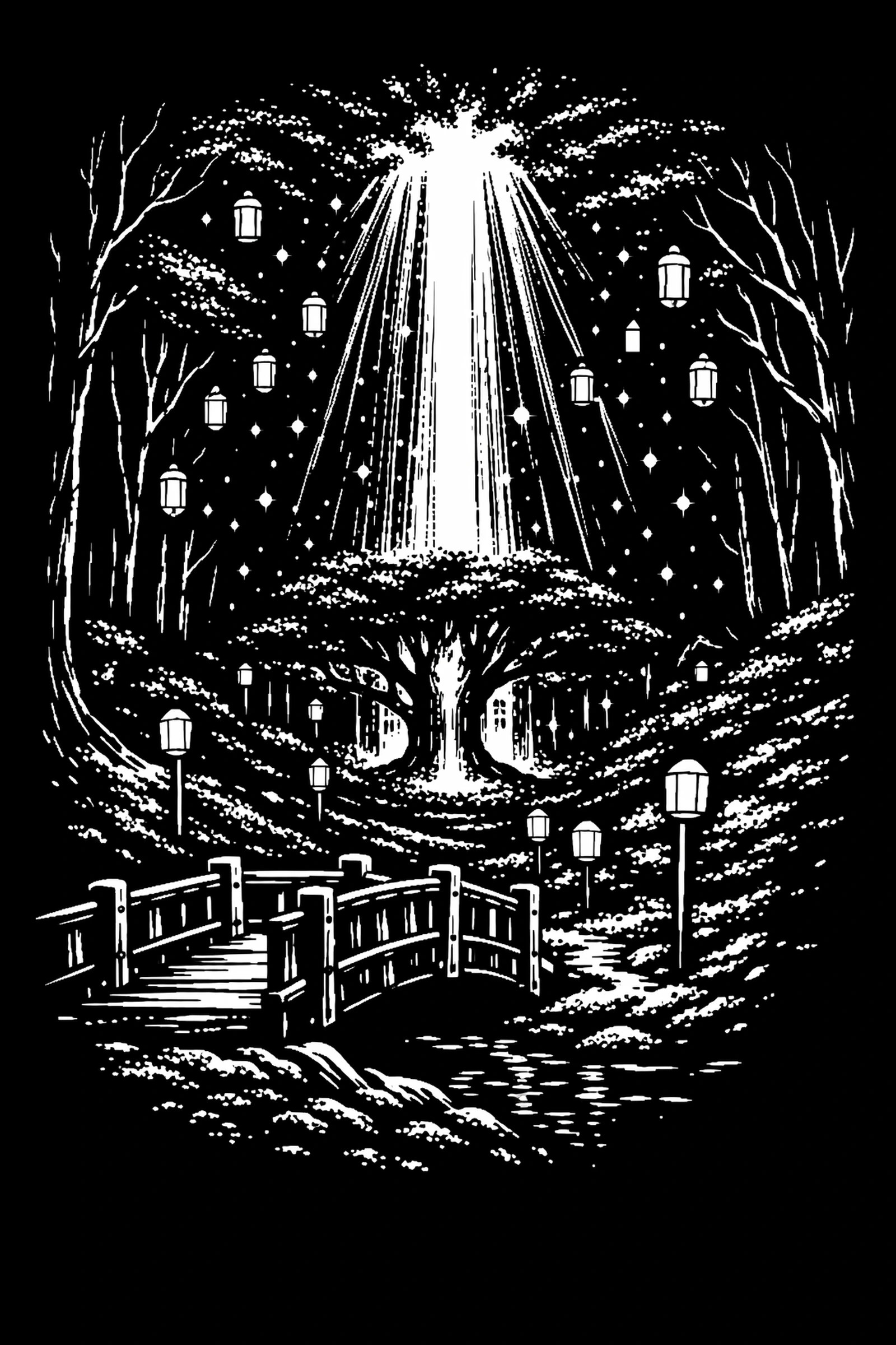 Wooden bridge and lantern-lit path leading to a large tree struck by a vertical beam of light, surrounded by floating lanterns in a night forest, high-contrast black-and-white.
