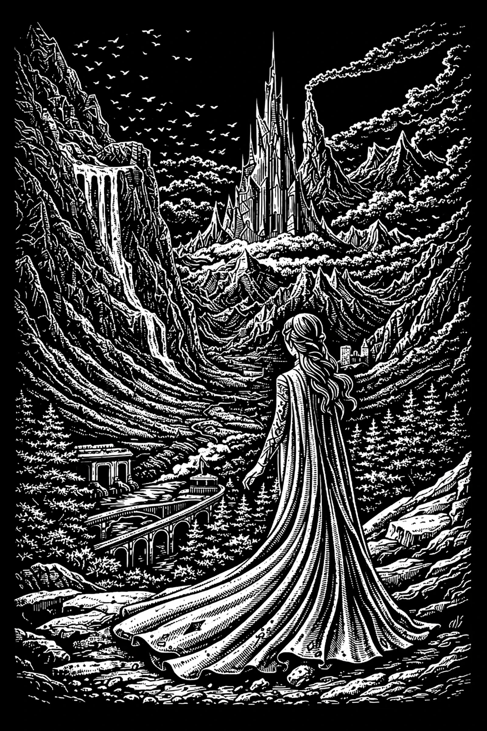 Back view of a cloaked figure on a rocky overlook, valley with river, waterfall, bridges, and a distant tall spired city in black-and-white engraving style.