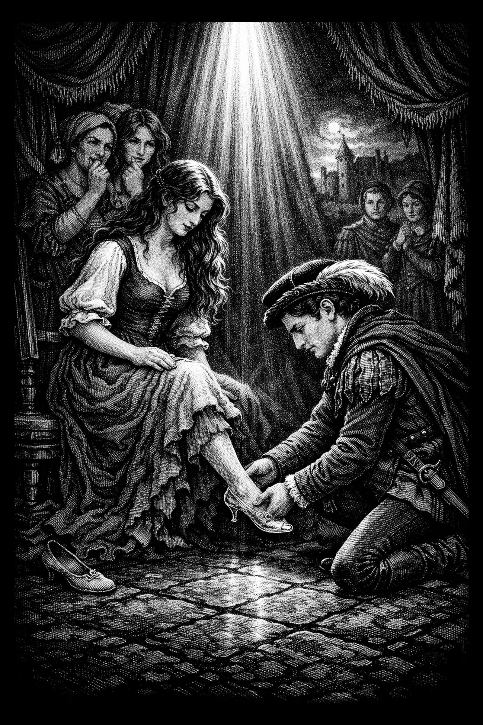 Black-and-white engraving of a kneeling man fitting a decorative shoe onto a seated woman's foot under a beam of light, with onlookers and a distant castle silhouette.