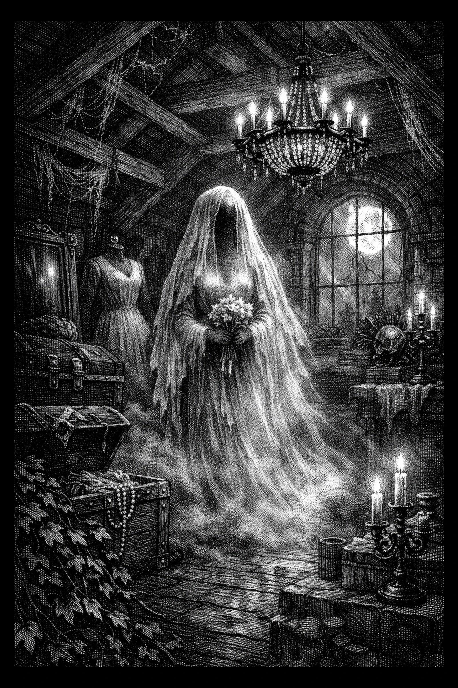 Faceless veiled bride holding a bouquet in a moonlit attic, surrounded by trunks, pearls, a mannequin, chandelier and candles.