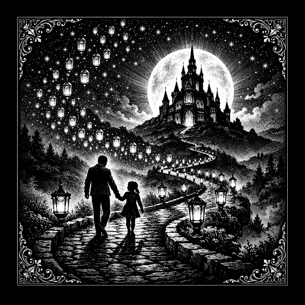 Silhouetted parent and child walking hand-in-hand along a lantern-lined cobblestone path that winds up to a moonlit Gothic castle with floating lanterns in the sky