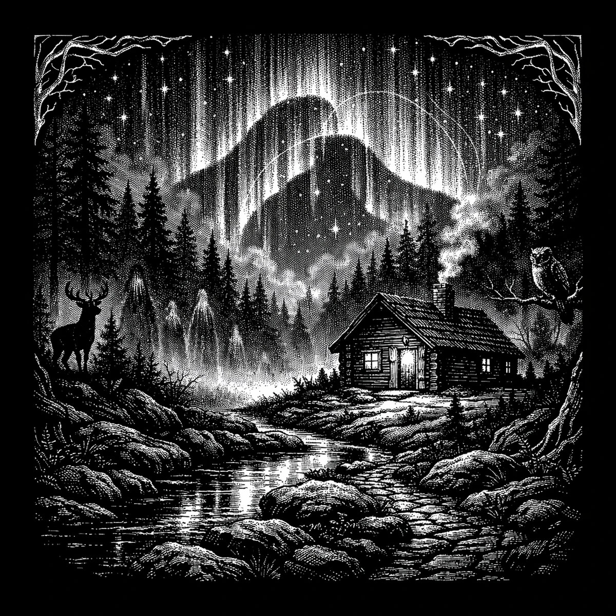 Black-and-white illustration of a lit log cabin by a stream under falling auroral light, with mountains, dense pine forest, a standing stag on the left and an owl on a branch at right.