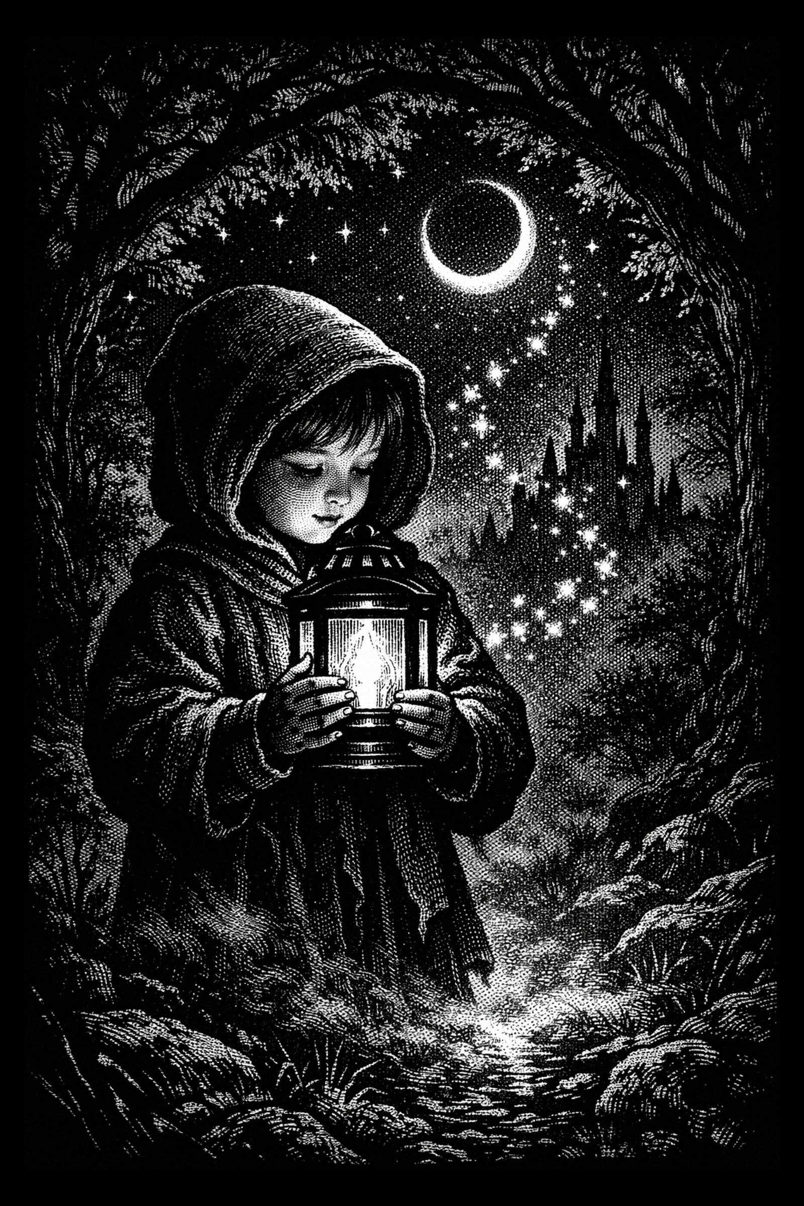 Hooded child holding a glowing lantern under a crescent moon with a trail of stars leading to a distant castle