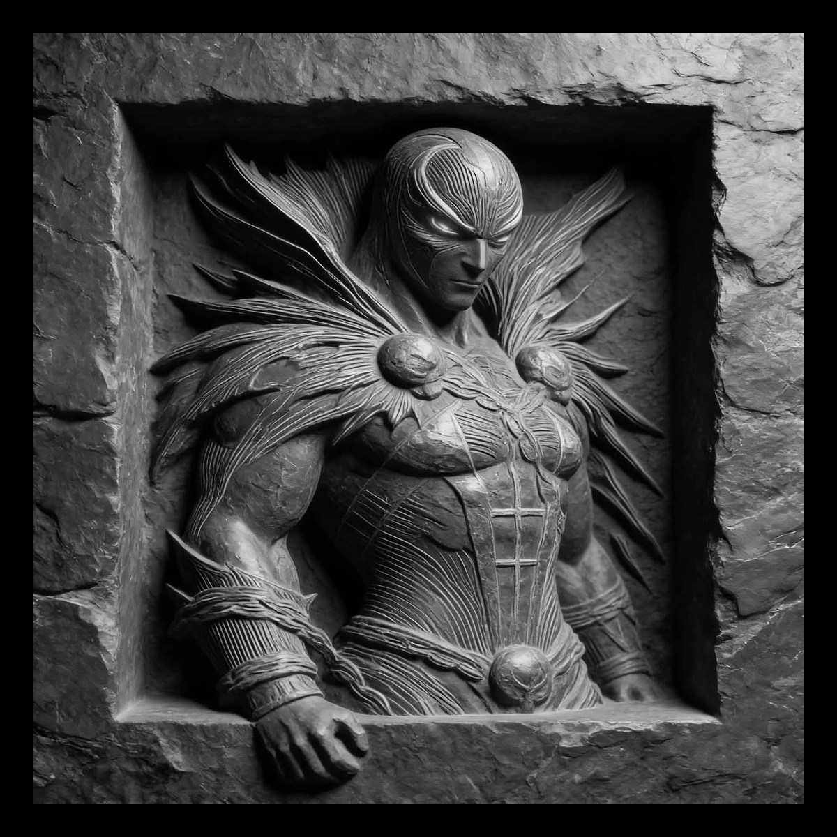 High-relief stone carving of a brooding armored guardian rising from a recessed niche, with feathered shoulder plumes and braided cords.