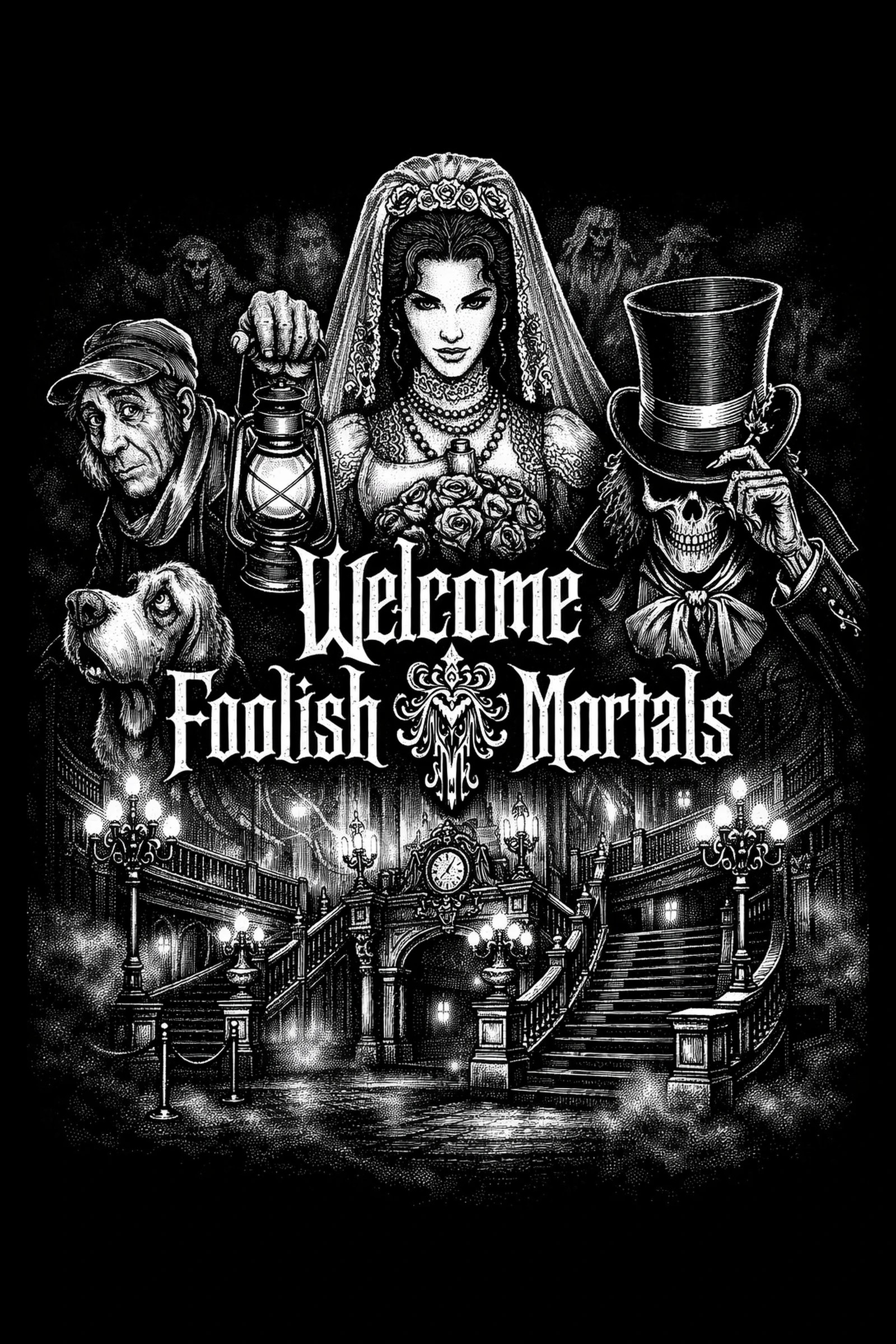 Black-and-white gothic illustration: veiled bride holding roses centered above ornate Victorian staircase, flanked by lantern-bearing man and top-hatted skeleton with a dog; text 'Welcome Foolish Mortals' across center.
