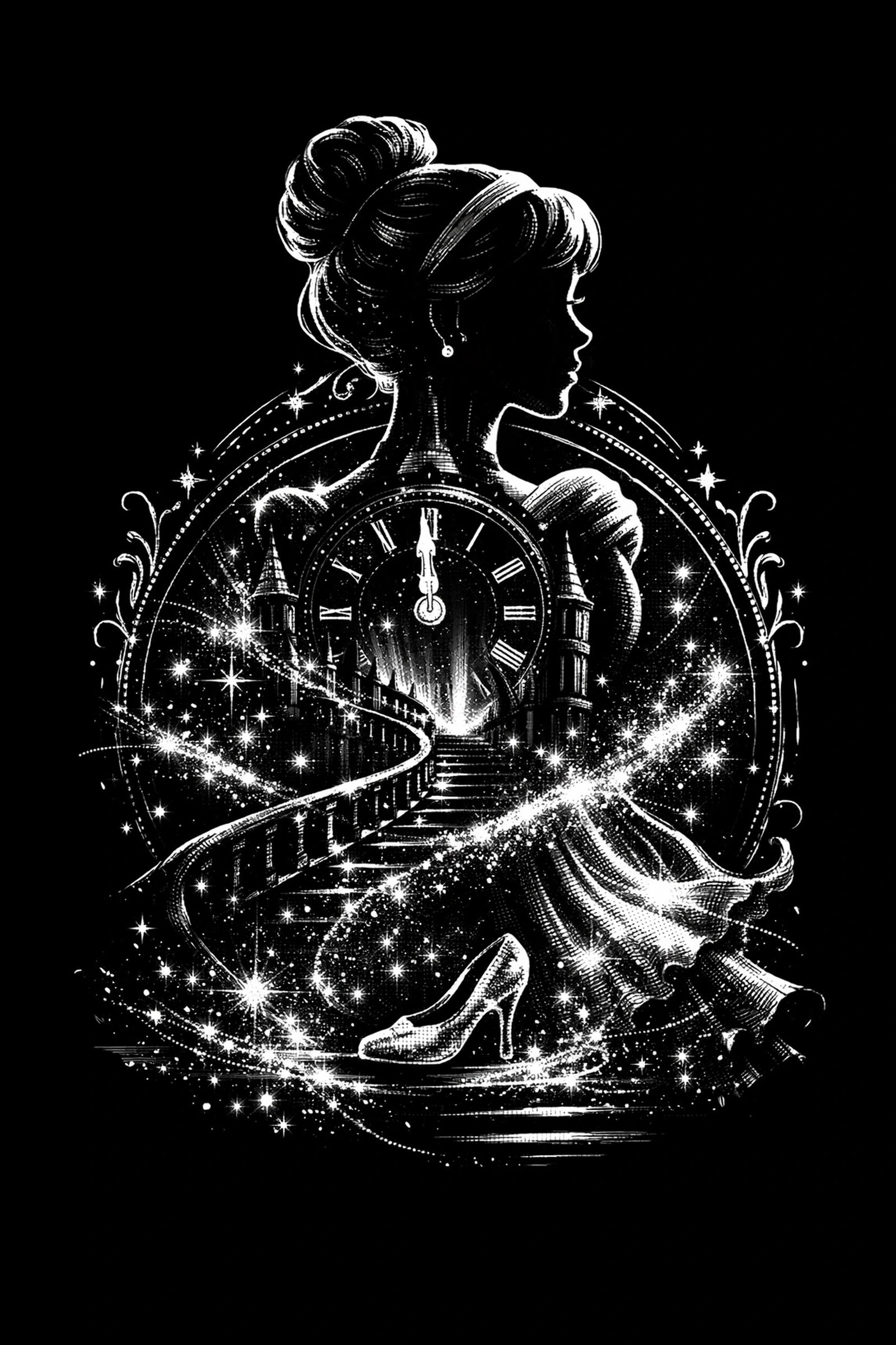 White-on-black illustration of a silhouetted woman framed by a large clock at midnight, a spiral stair of stardust leading to a glowing doorway, and a single high-heeled slipper in the foreground.