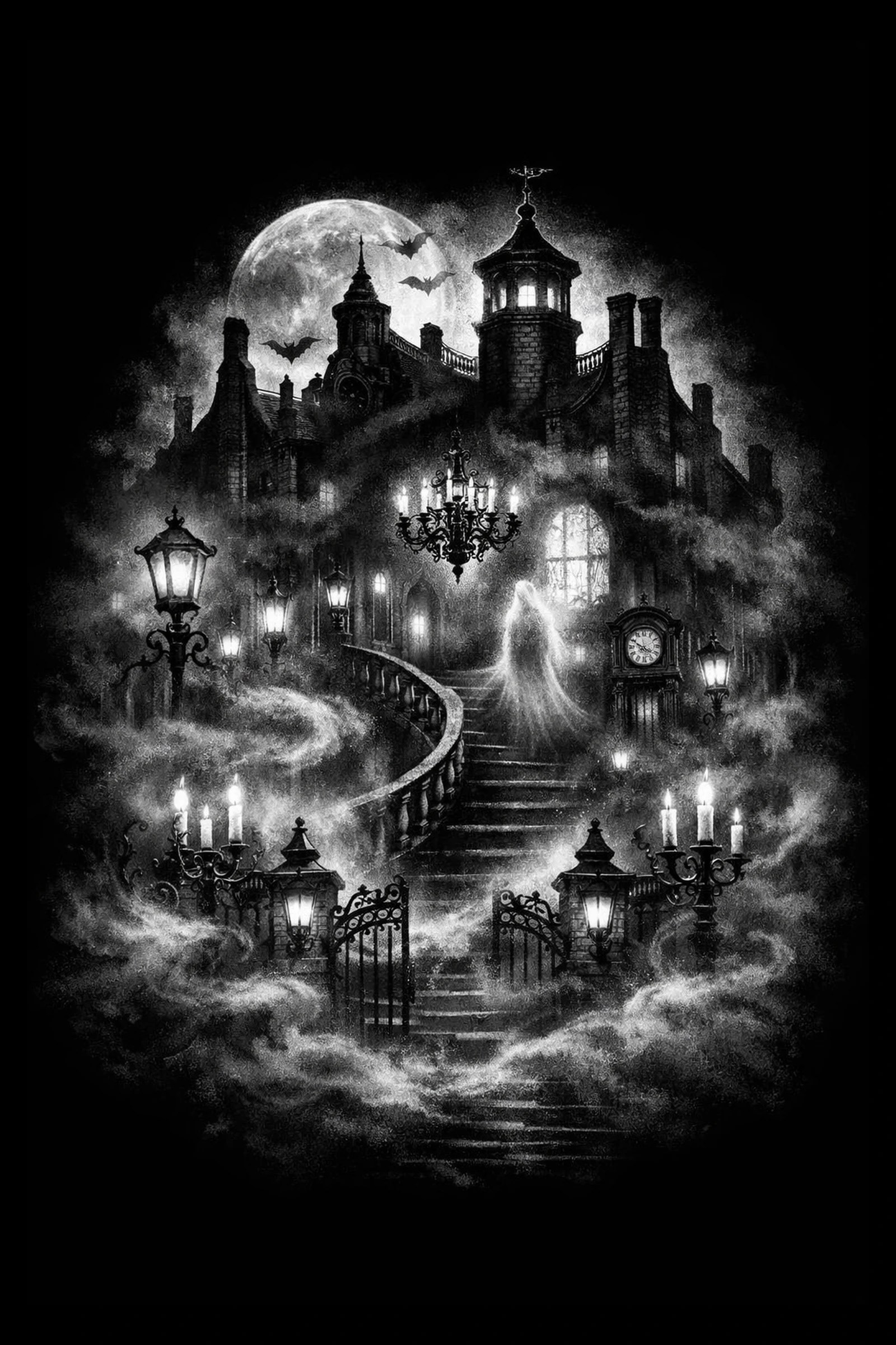 Vertical black-and-white illustration of a foggy spiral staircase leading to a moonlit Victorian manor with lamps, chandelier, grandfather clock and a translucent ghost on the landing.