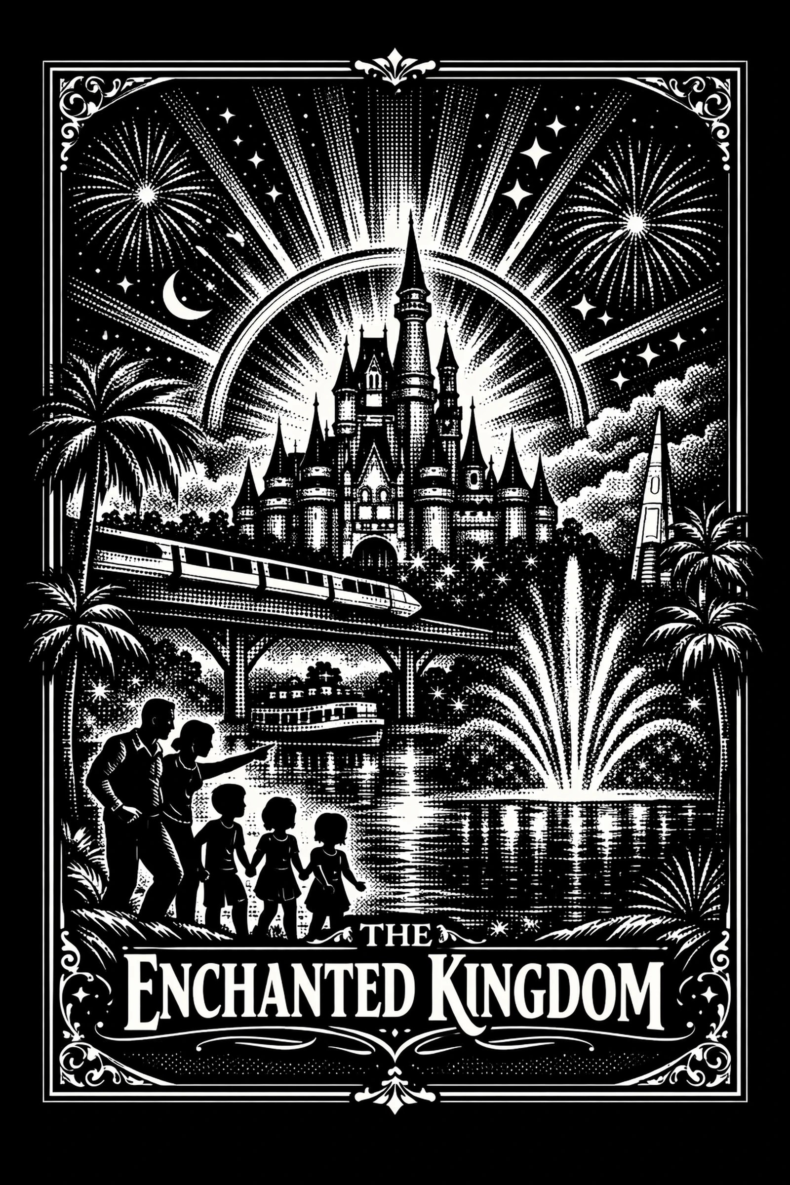 Black-and-white halftone poster of a backlit castle with sunburst, monorail, riverboat, fountain, fireworks and a silhouetted family; text reads 'THE ENCHANTED KINGDOM'.