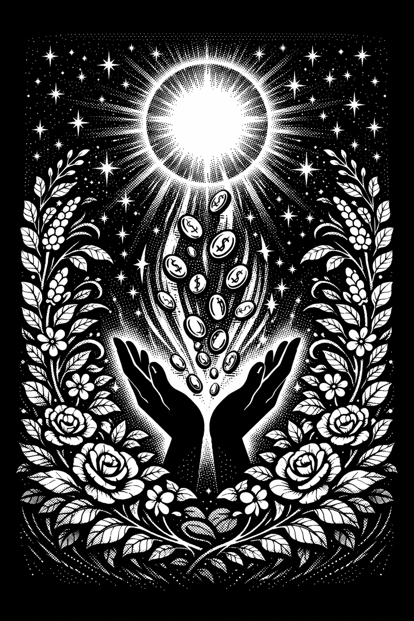 Black-and-white vertical print: two silhouetted cupped hands with coins rising toward a bright radiant sun, framed by roses, leaves and stars.