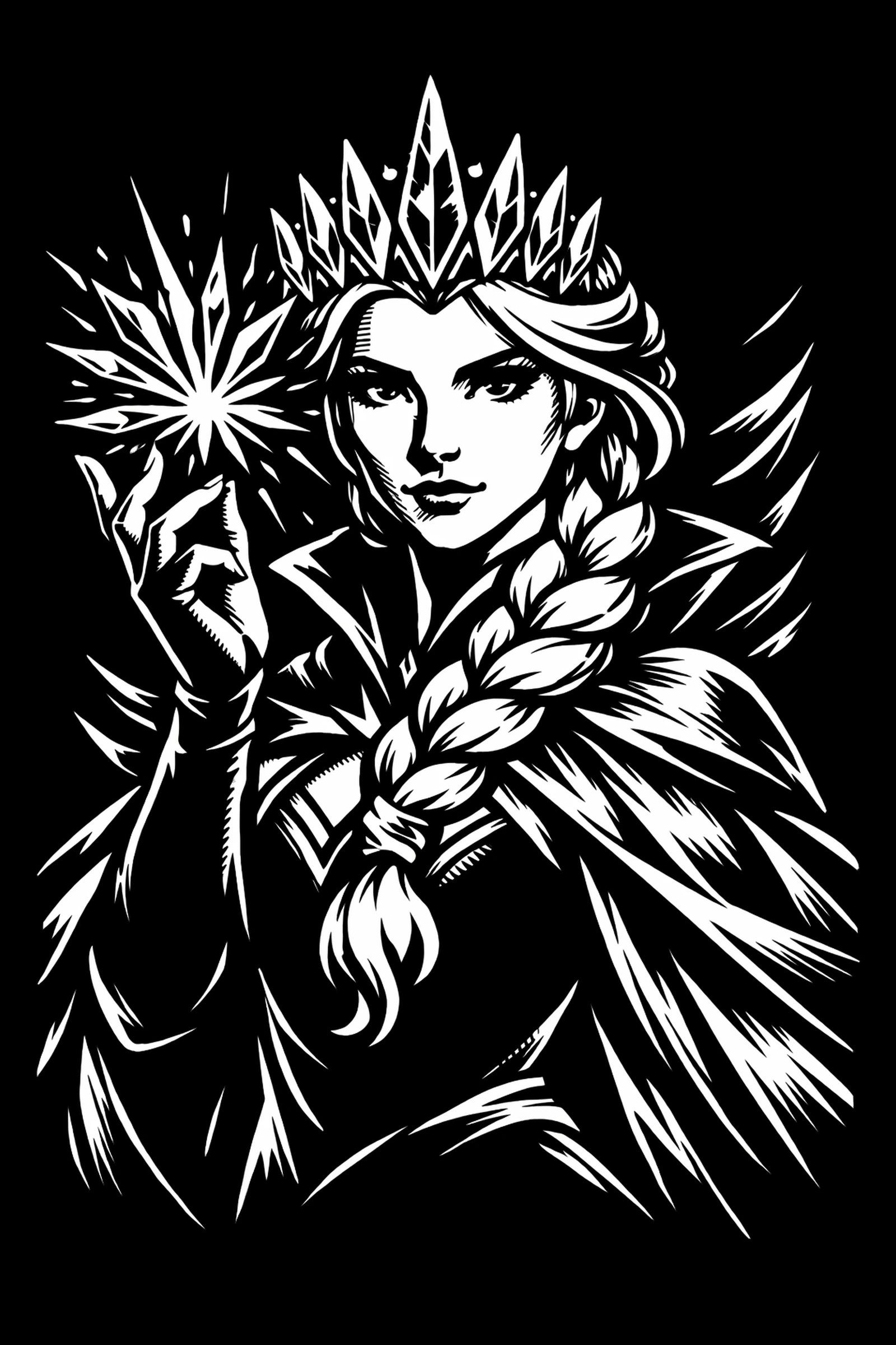 Black-and-white portrait of a crowned woman with a long braid holding a radiating starburst, rendered in bold linocut-style lines.