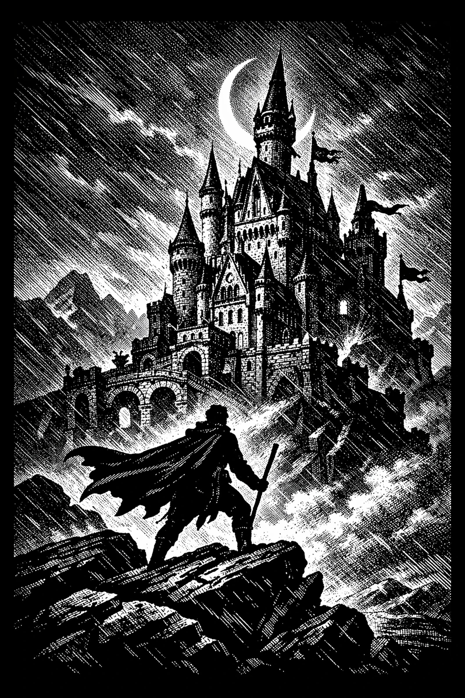 Cloaked figure on rocks looking up at a multi-towered castle in heavy diagonal rain with a crescent moon behind the tallest spire.