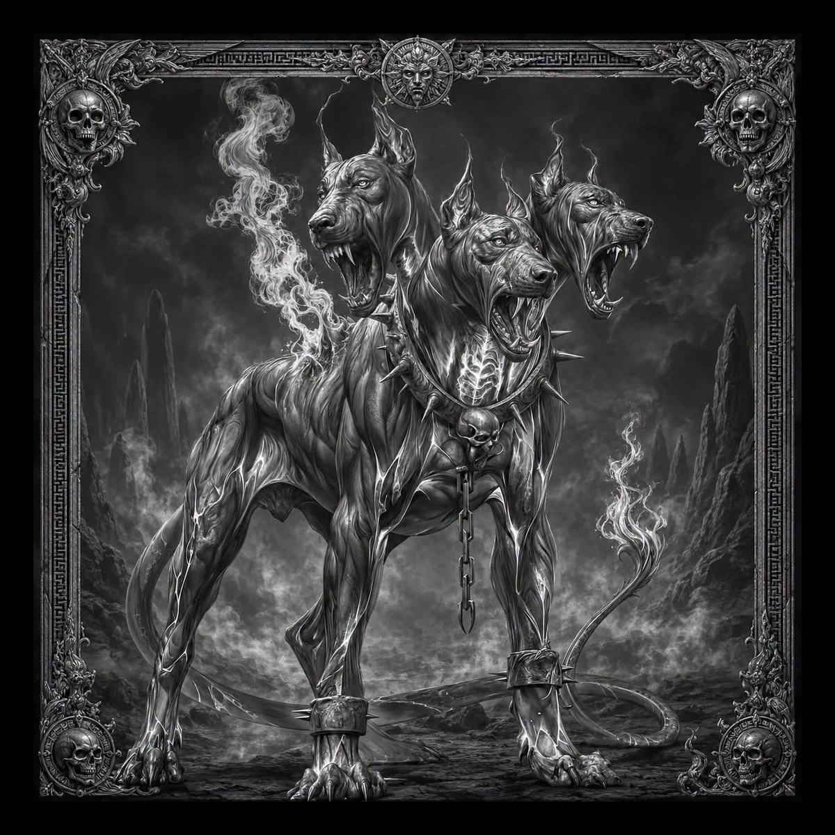 Monochrome dark-fantasy image of a three-headed snarling hound wearing a spiked collar with skull pendant, shackled front legs, smoky tails, and an ornate skull-bordered frame.