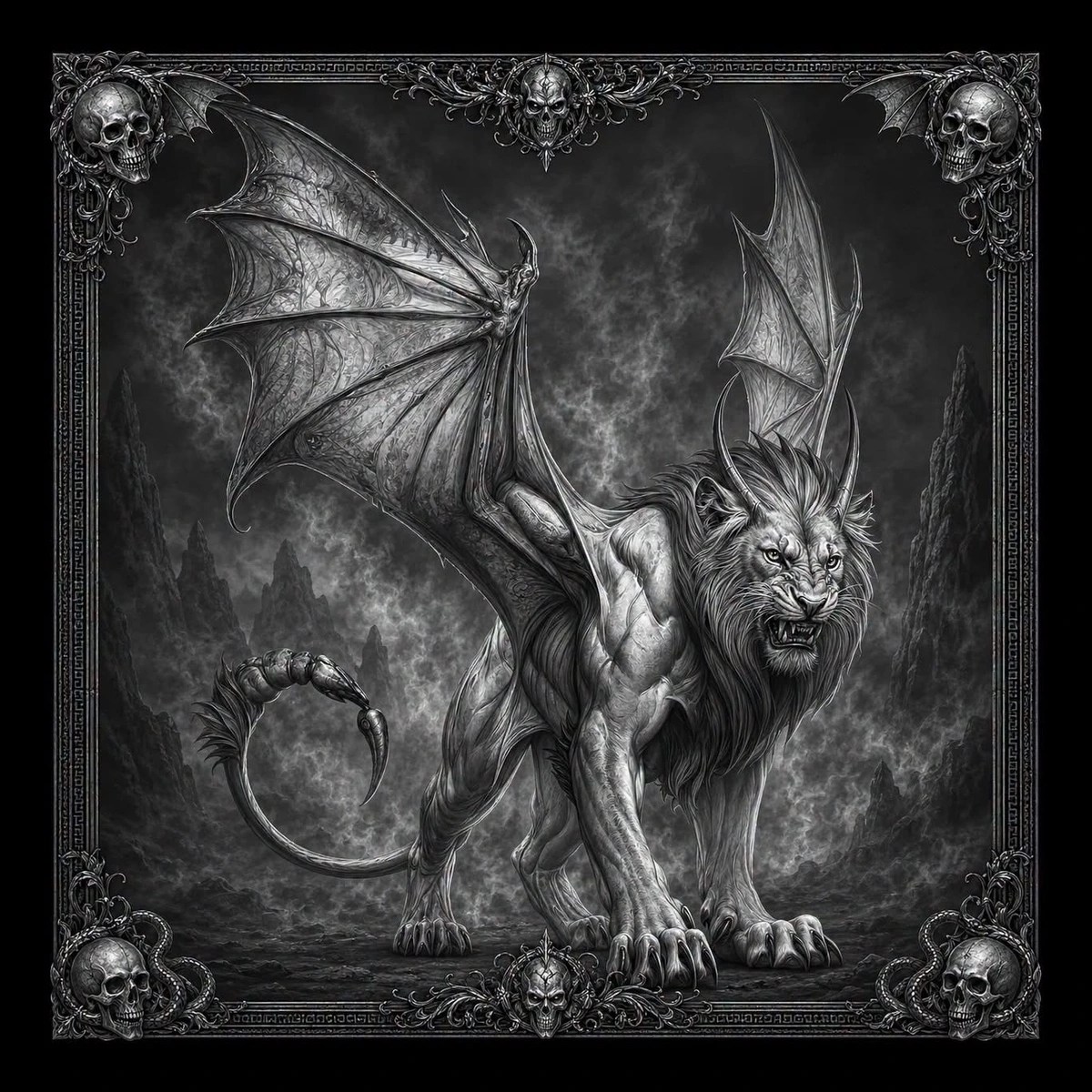 Monochrome illustration of a snarling lion-like chimera with bat wings and a curved scorpion tail, standing on rocky ground with skull-decorated ornate border.
