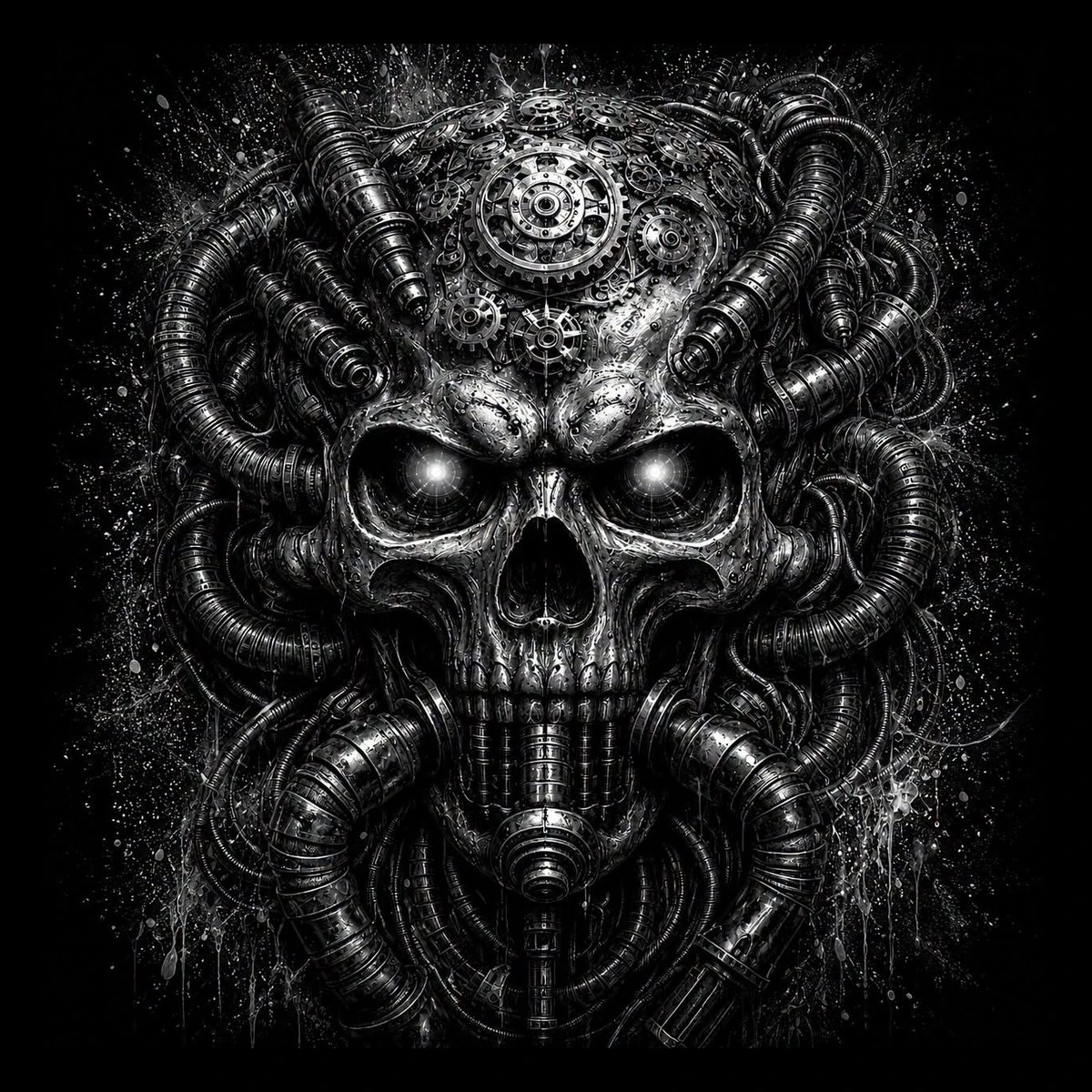 Frontal metallic skull made of gears and ribbed tubes with glowing eyes on a black background.