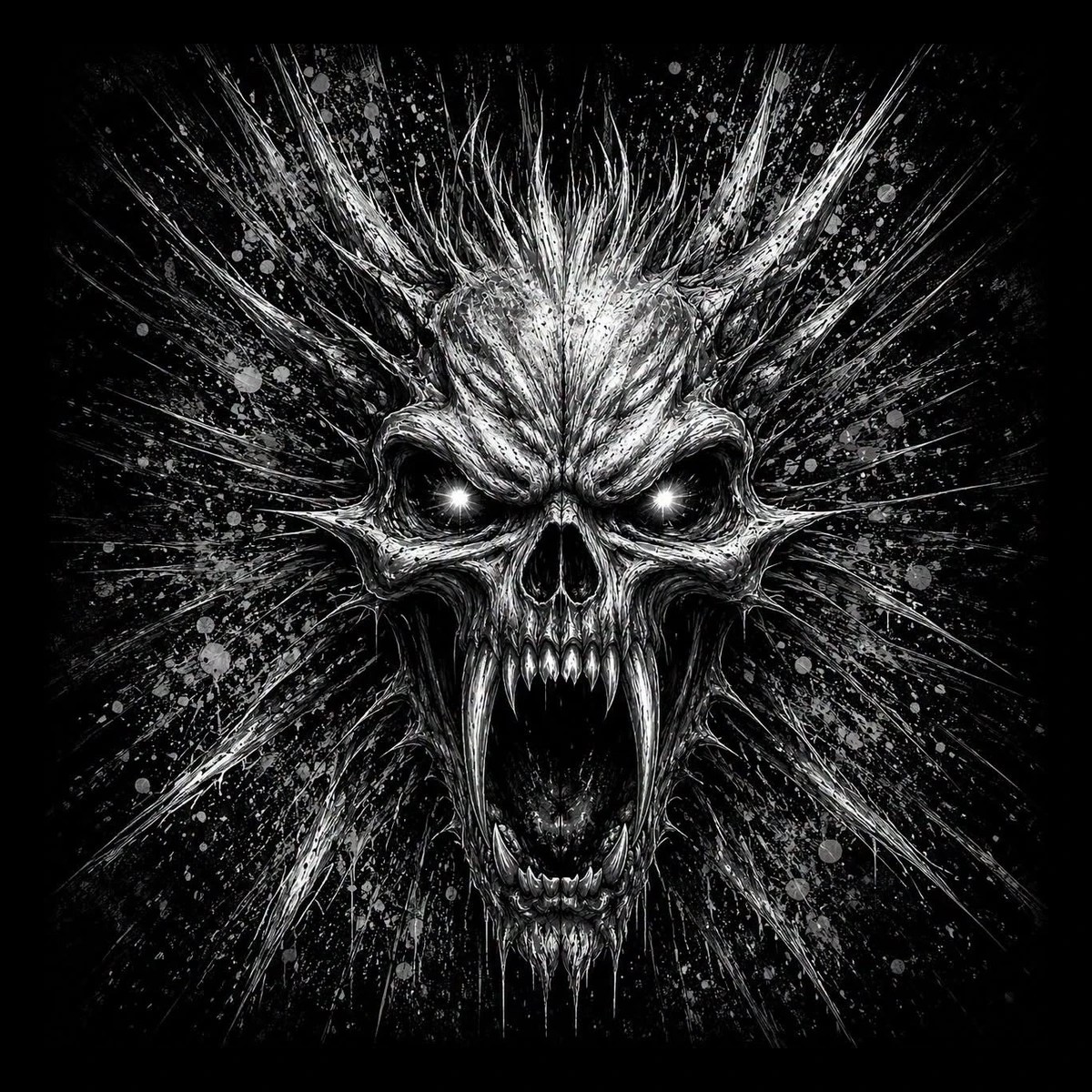 High-contrast monochrome snarling skull with long fang teeth, bright eye highlights, and radiating spikes over a splattered black background.