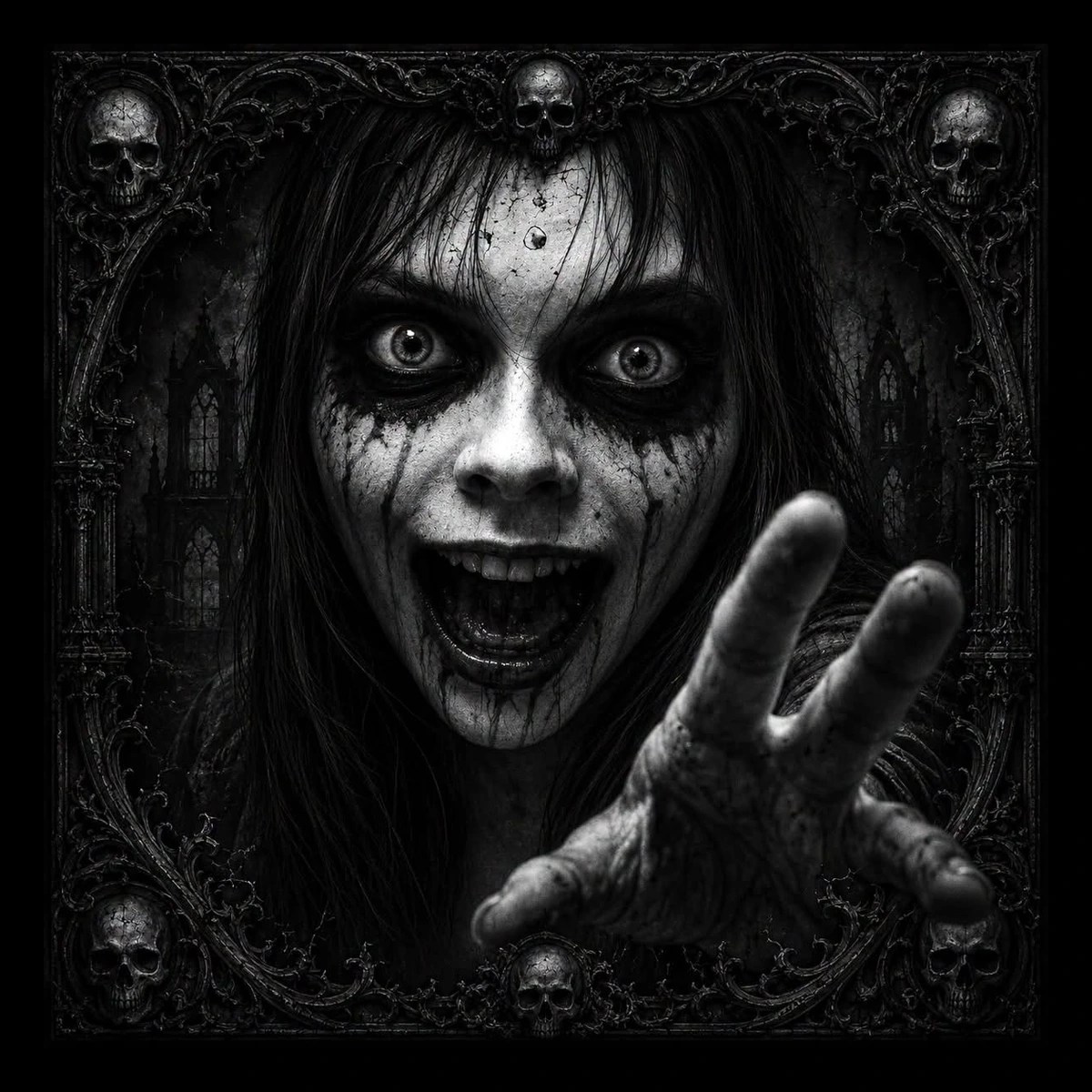Black-and-white close-up of a wide-eyed pale face with smeared dark makeup and an outstretched hand, framed by an ornate border with skulls and gothic window silhouettes.