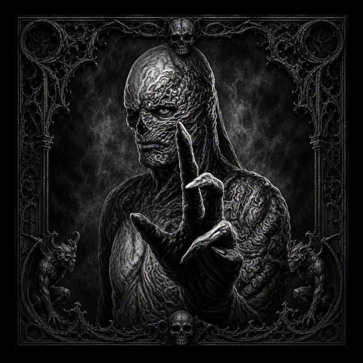Black-and-white gothic portrait of a skull-faced humanoid with heavily textured skin reaching a clawed hand forward, set inside an ornate carved frame with skulls and gargoyles.