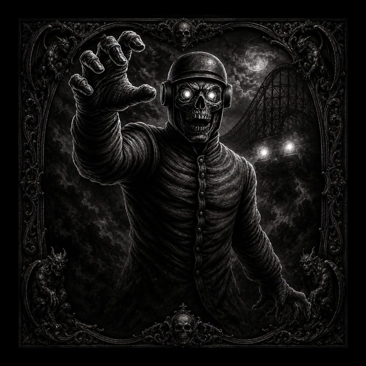 Monochrome image of a helmeted skeletal figure reaching forward with glowing eyes; roller-coaster silhouette, car headlights, full moon, and ornate gargoyle frame in background.