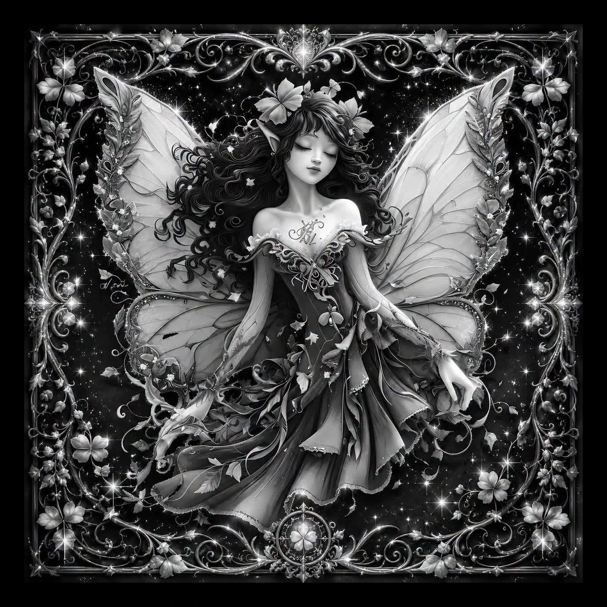 A serene fairy rests among flowers and curling leaves, her wings opening into an elegant botanical frame.