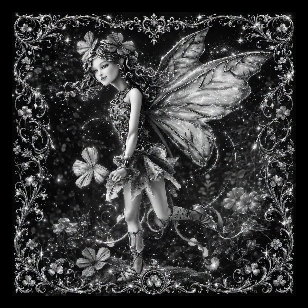 A graceful fairy stands within a lush floral border, surrounded by clover, blossoms, and delicate wing detail.