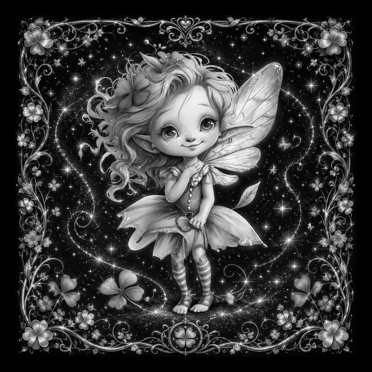 A wide-eyed young fairy brings a playful storybook feel, complete with tousled hair, freckles, and shimmering insect wings.