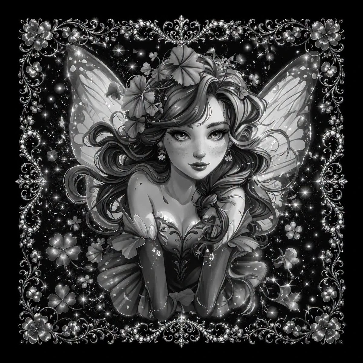 A flower-crowned fairy gazes outward from a richly decorated floral frame with a calm, enchanted presence.